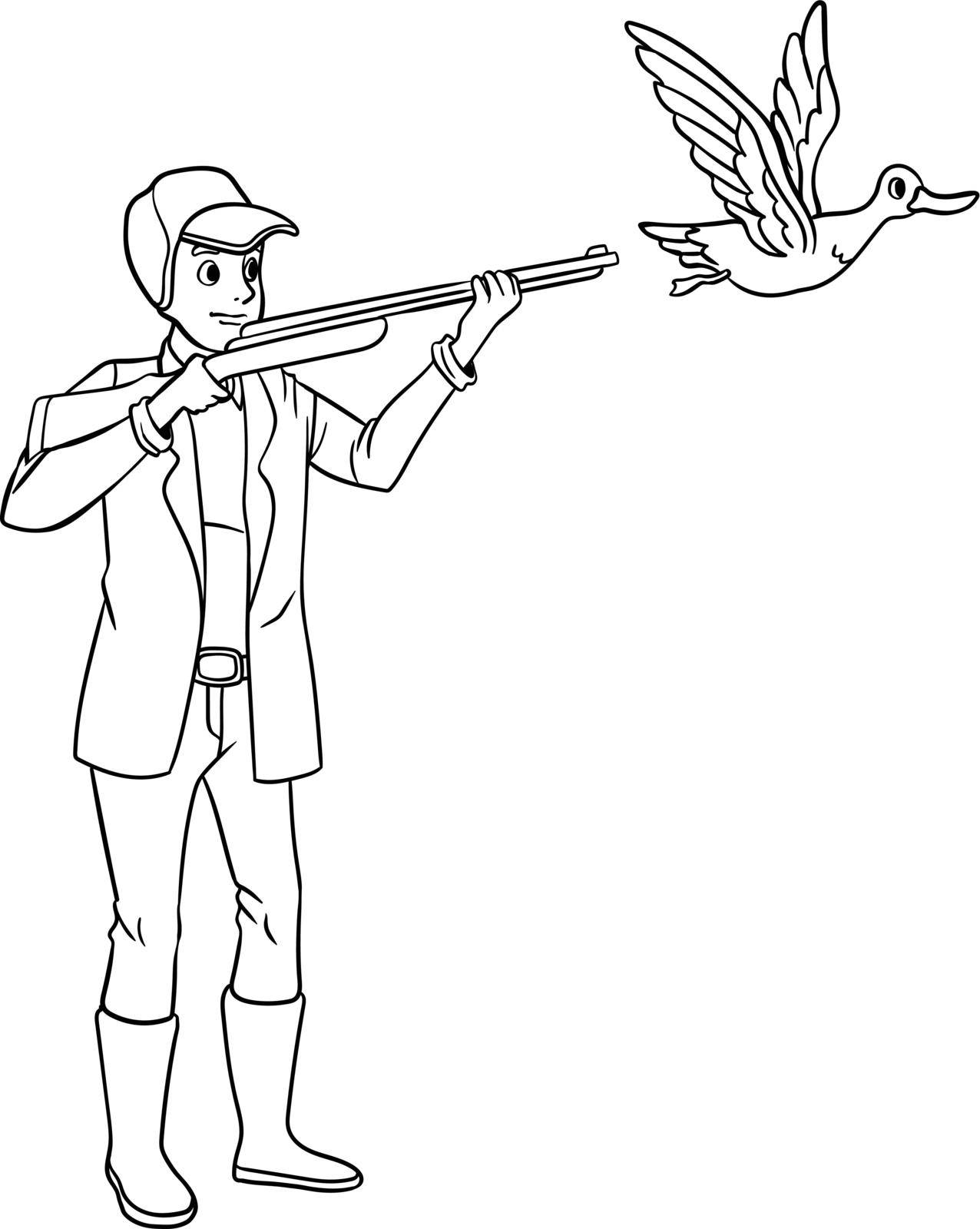 A cute and funny coloring page of a Duck Hunting. Provides hours of coloring fun for children. Color, this page is very easy. Suitable for little kids and toddlers.