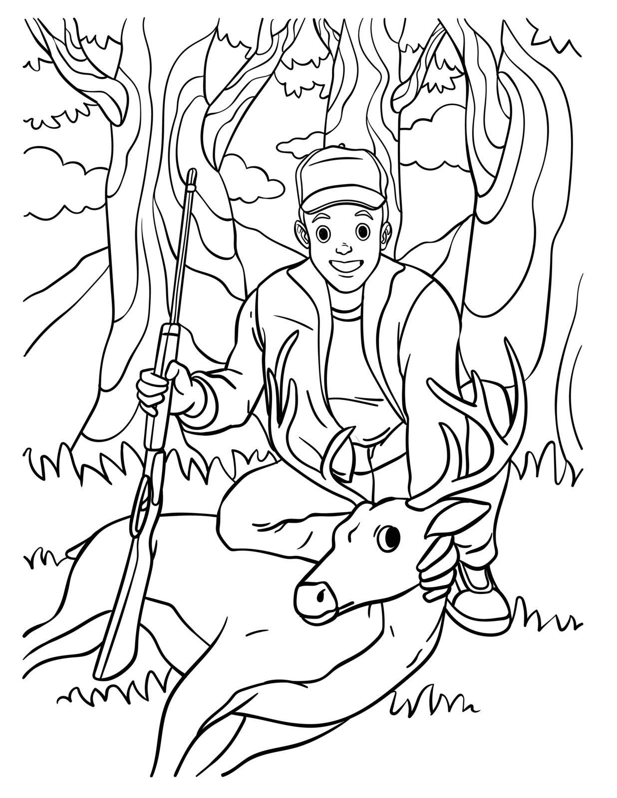 A cute and funny coloring page of Deer Hunting. Provides hours of coloring fun for children. To color, this page is very easy. Suitable for little kids and toddlers.