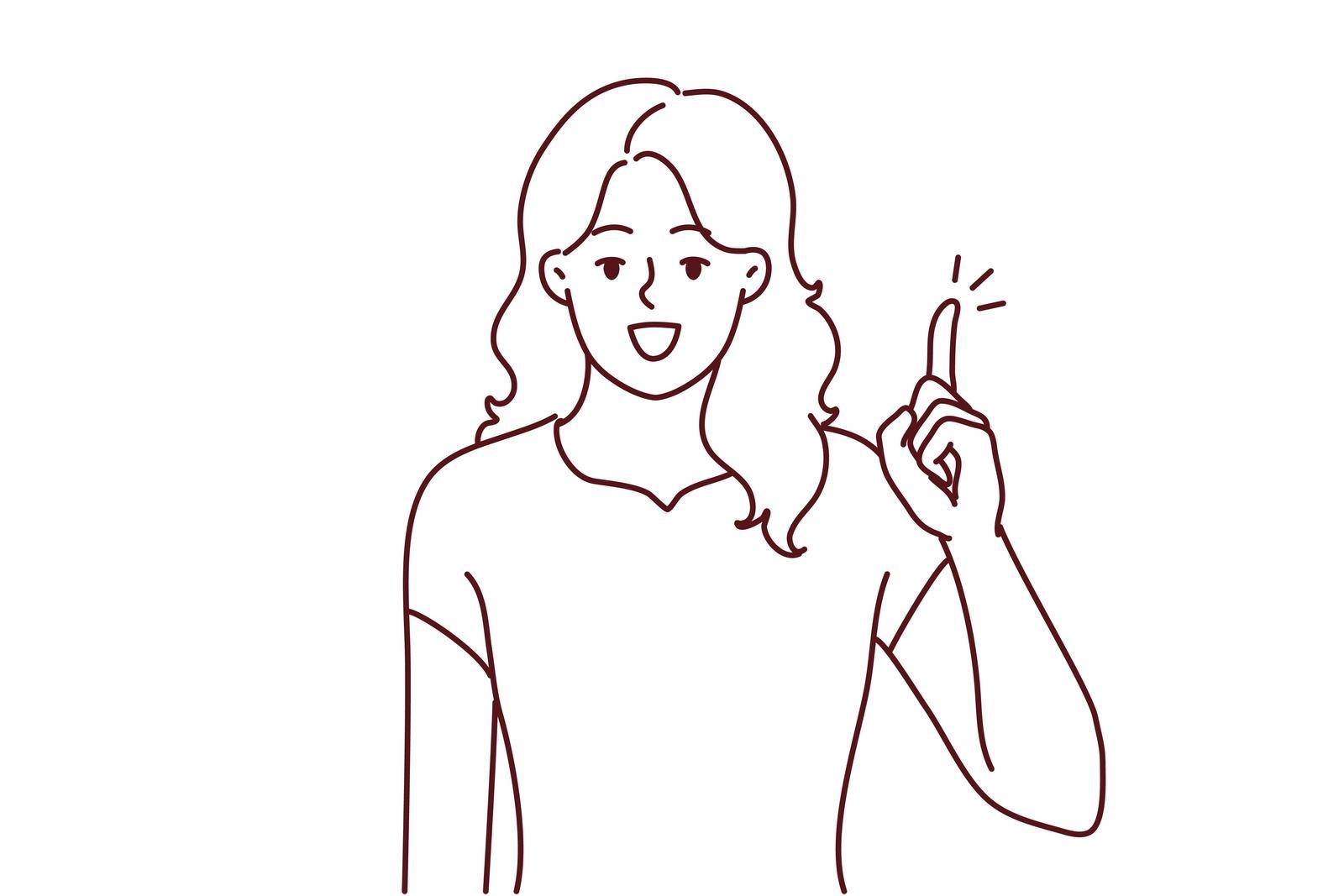 Smiling young woman hold finger up develop good idea. Happy motivated female generate issue solve problem. Vector illustration.