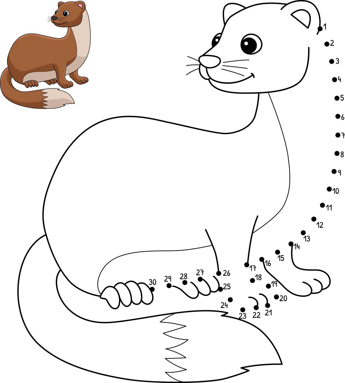 A cute and funny connect-the-dots coloring page of a Weasel Animal. Provides hours of coloring fun for children. Color, this page is very easy. Suitable for little kids and toddlers.