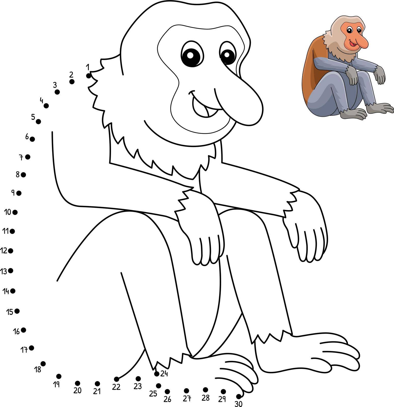 A cute and funny connect-the-dots coloring page of a Proboscis Monkey. Provides hours of coloring fun for children. Color, this page is very easy. Suitable for little kids and toddlers.