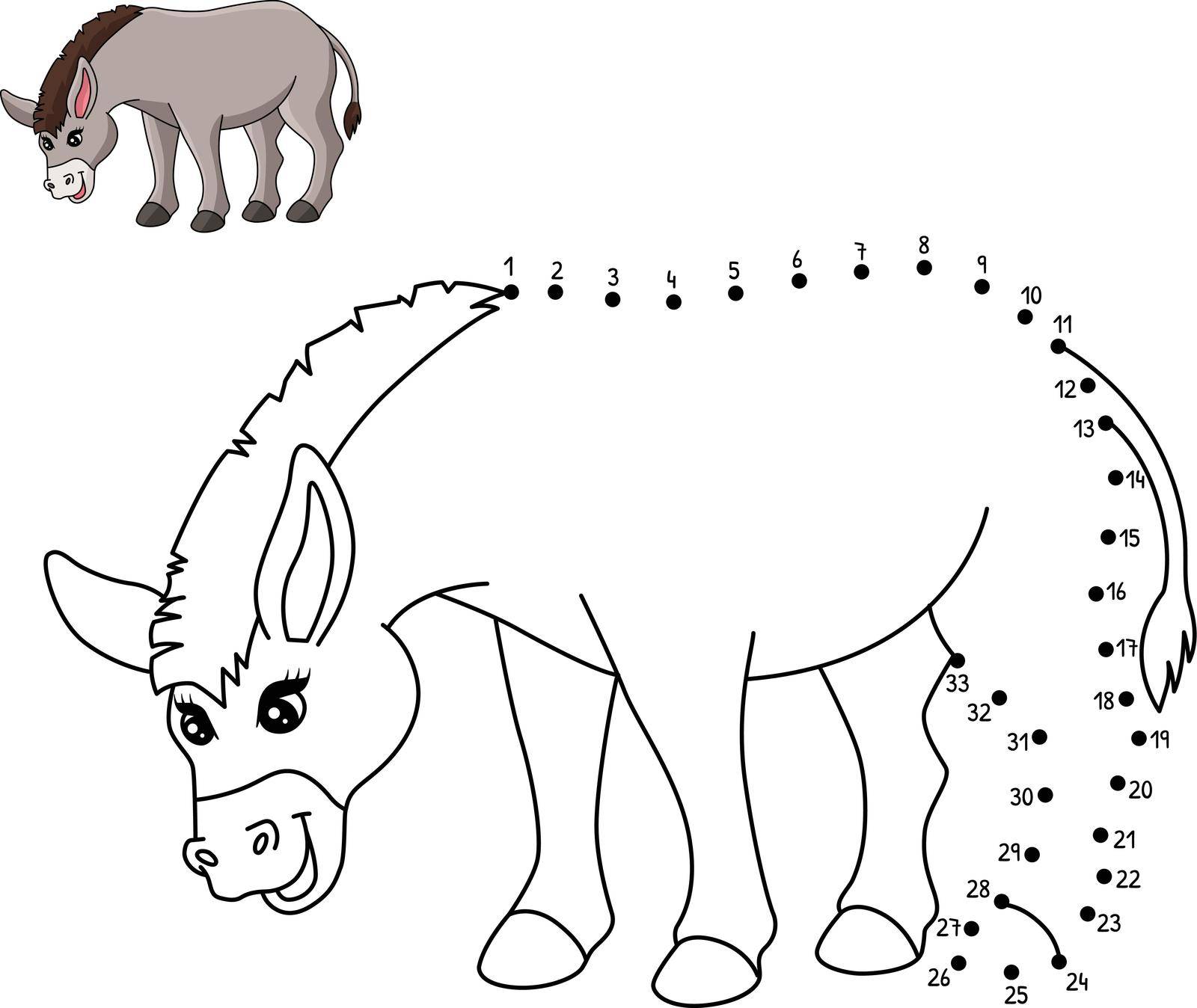 A cute and funny connect-the-dots coloring page of a Donkey. Provides hours of coloring fun for children. Color, this page is very easy. Suitable for little kids and toddlers.