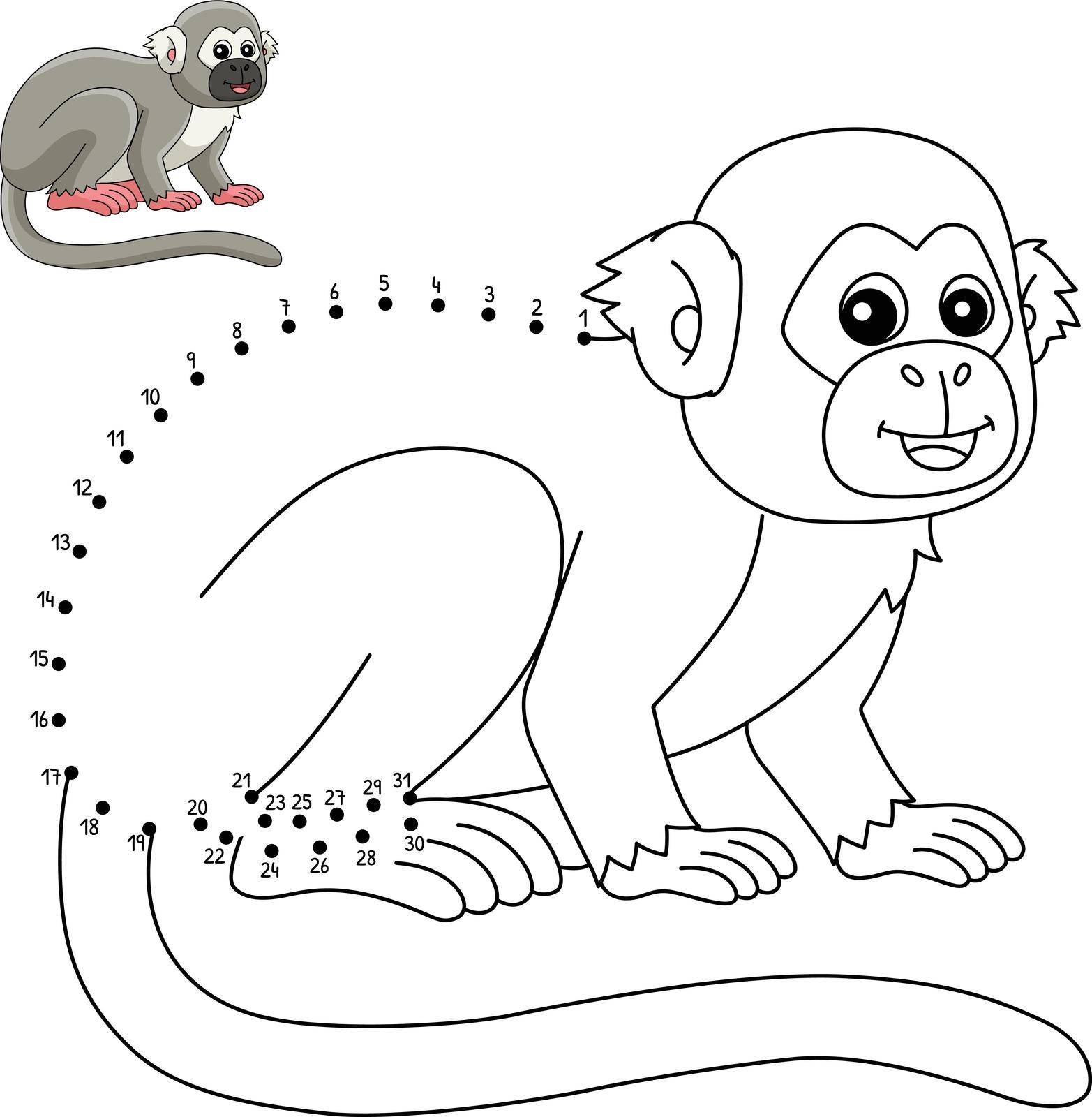 A cute and funny connect-the-dots coloring page of a Squirrel Monkey Animal. Provides hours of coloring fun for children. Color, this page is very easy. Suitable for little kids and toddlers.