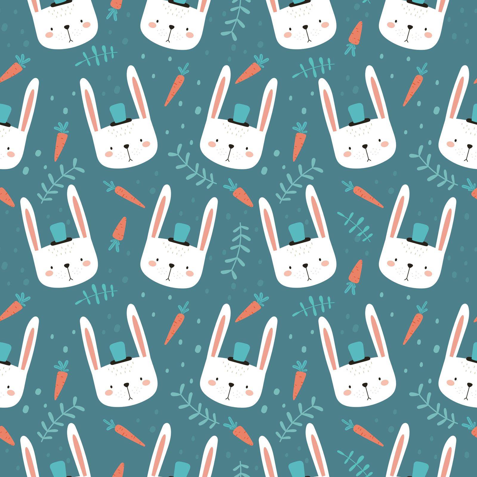 Rabbits seamless pattern. Funny hand-drawn rabbits and carrots in a simple childish style on a dark green background.