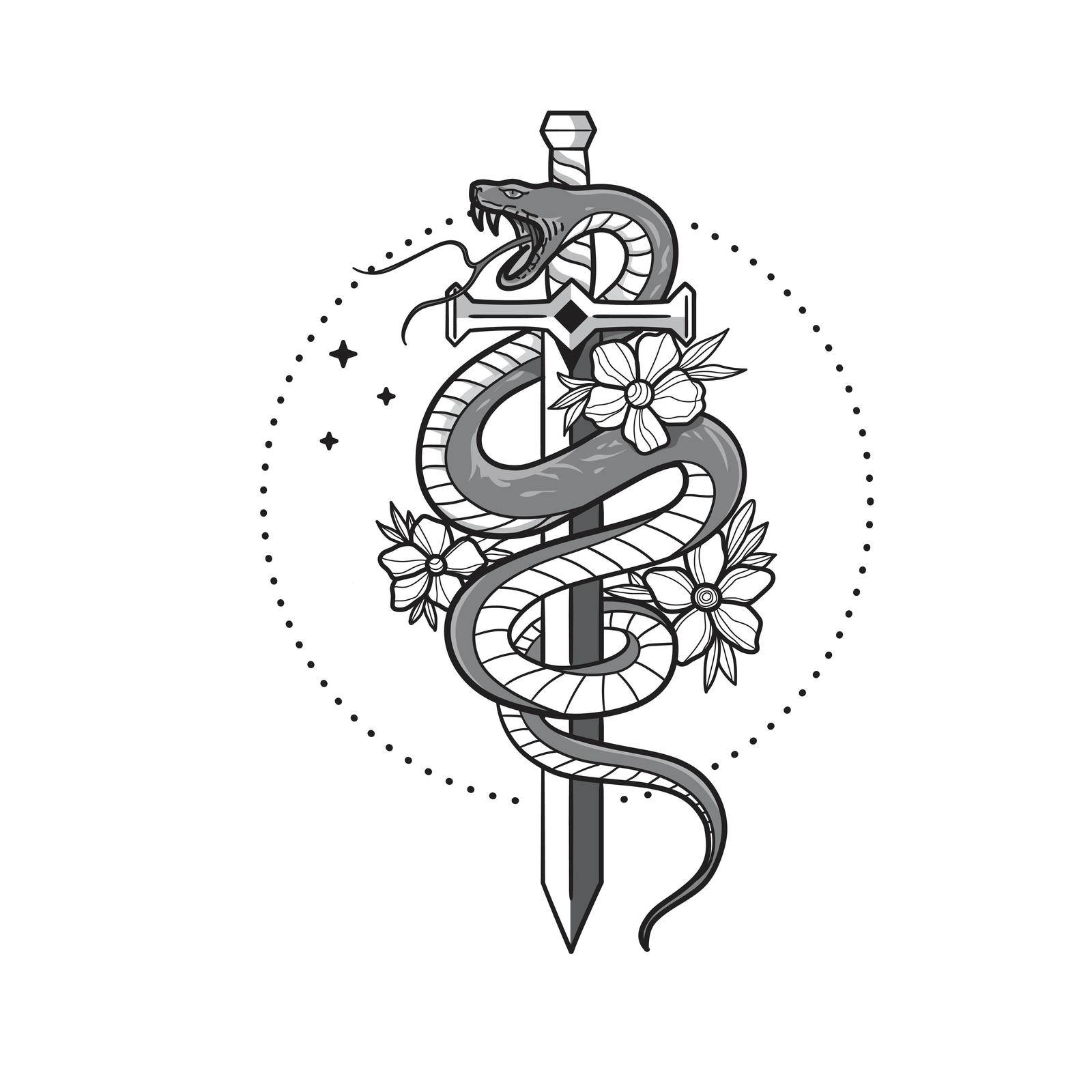 hand drawn snake, sword and flower vector illustration design