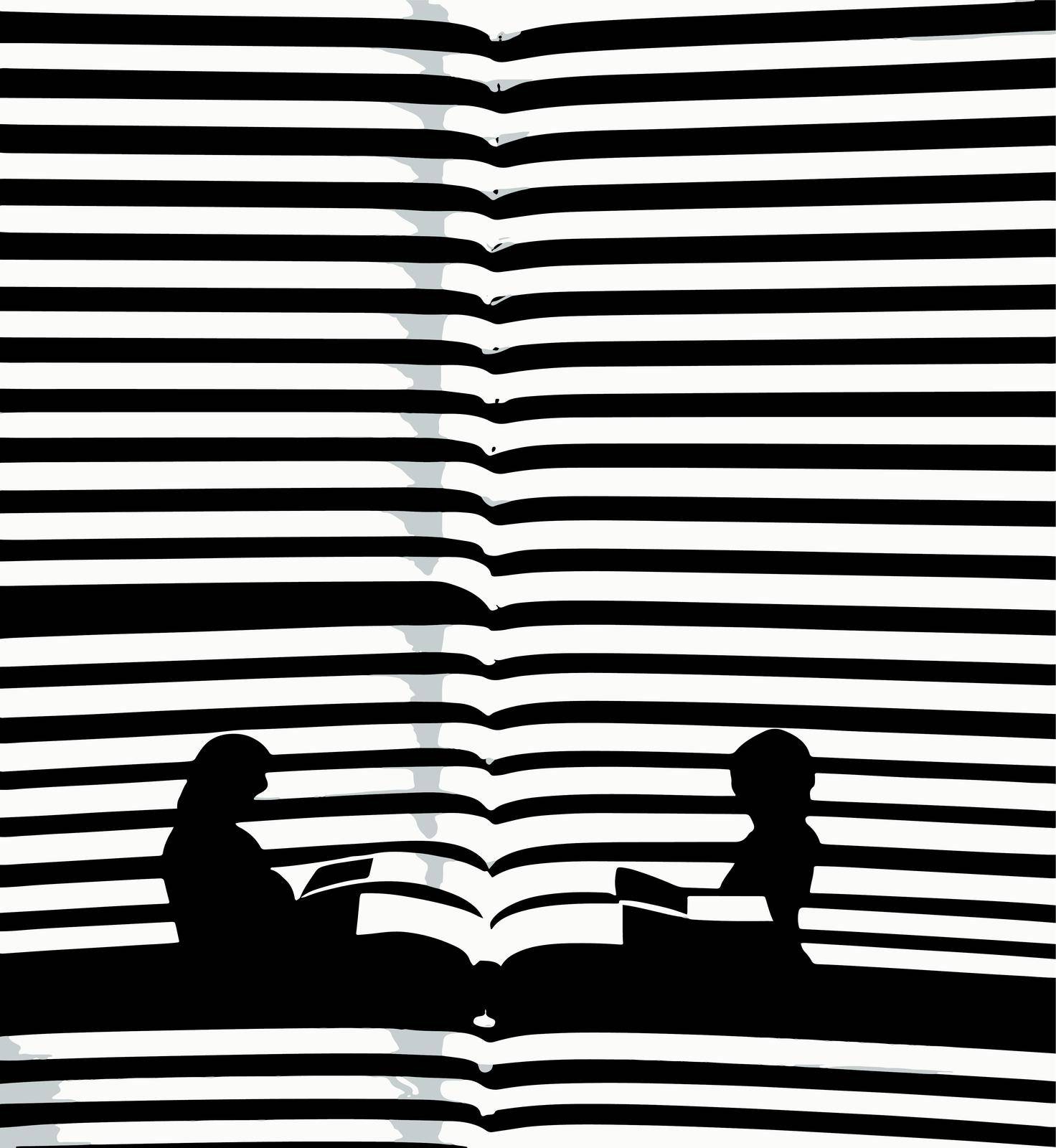 silhouette of people reading a book with black and white lines