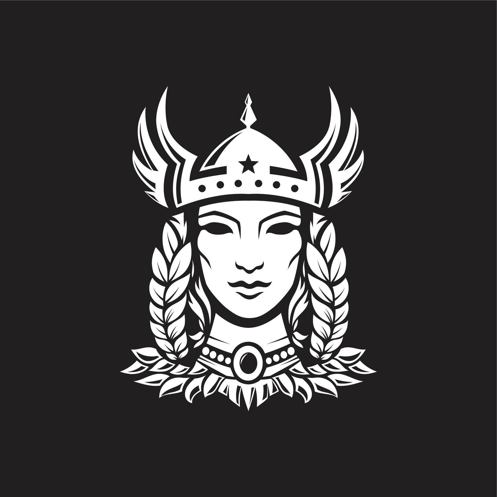 scandinavian mythological character woman-warrior valkyrie in winged helmet, mythical character. White vector illustration isolated on a black background