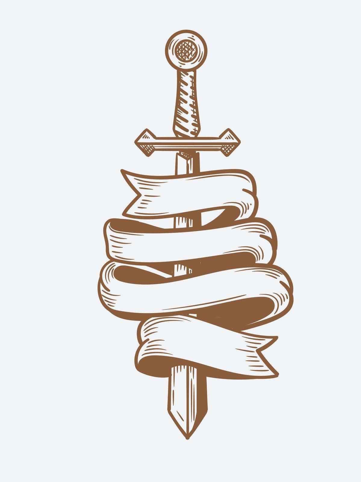 Ribbon wrapped sword Hand drawn vector illustration.