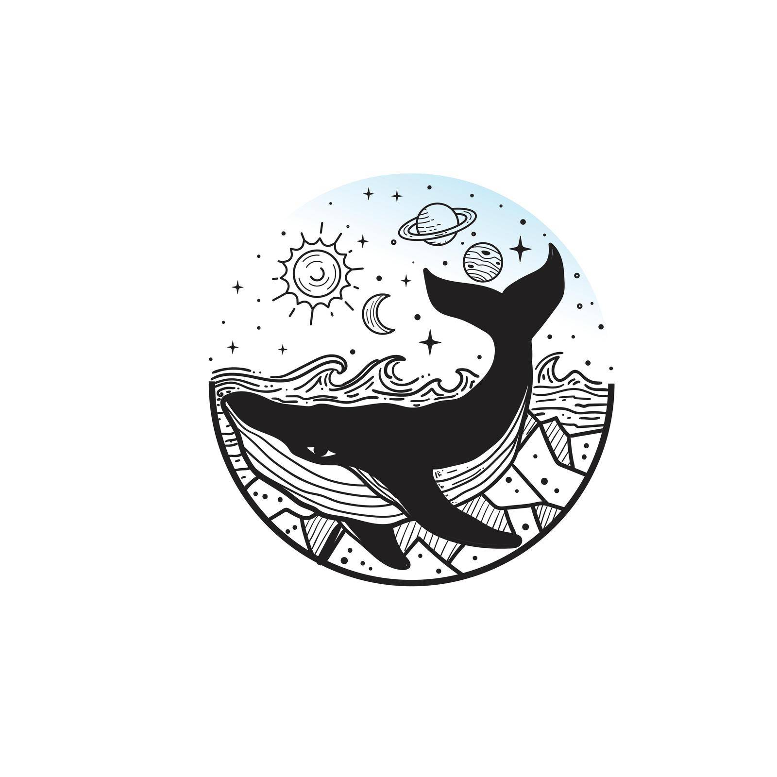 hand drawn whale and planets in solar system. Astronomical galaxy space. Sketch. Engraved style illustration