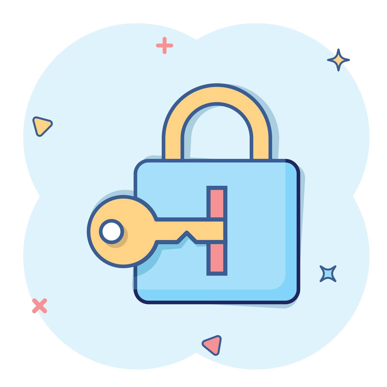 Locker icon in comic style. Padlock password cartoon vector illustration on white isolated background. Key unlock splash effect business concept.