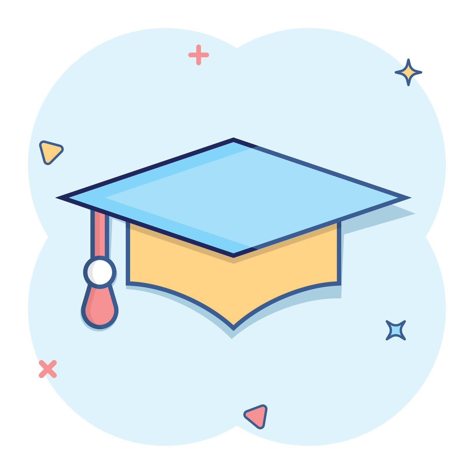 Graduation hat icon in comic style. Student cap cartoon vector illustration on white isolated background. University splash effect business concept. by LysenkoA
