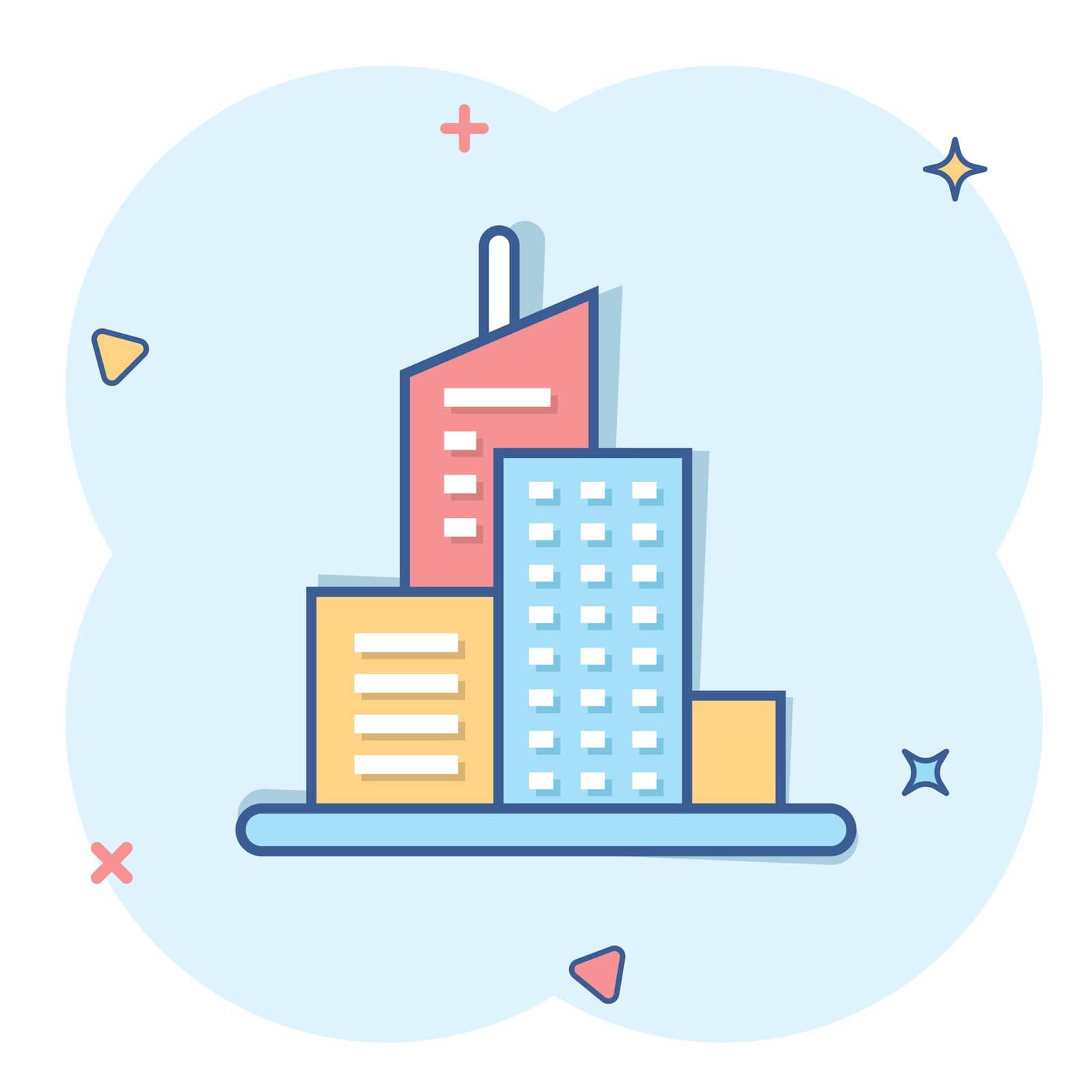 Building icon in comic style. Town skyscraper apartment cartoon vector illustration on white isolated background. City tower splash effect business concept.