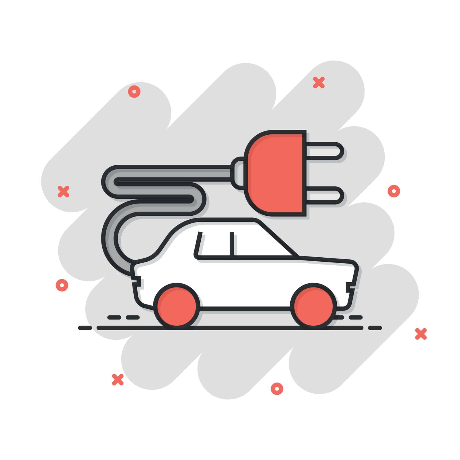 Electric car icon in comic style. Electro auto cartoon vector illustration on white isolated background. Ecology transport splash effect business concept. by LysenkoA