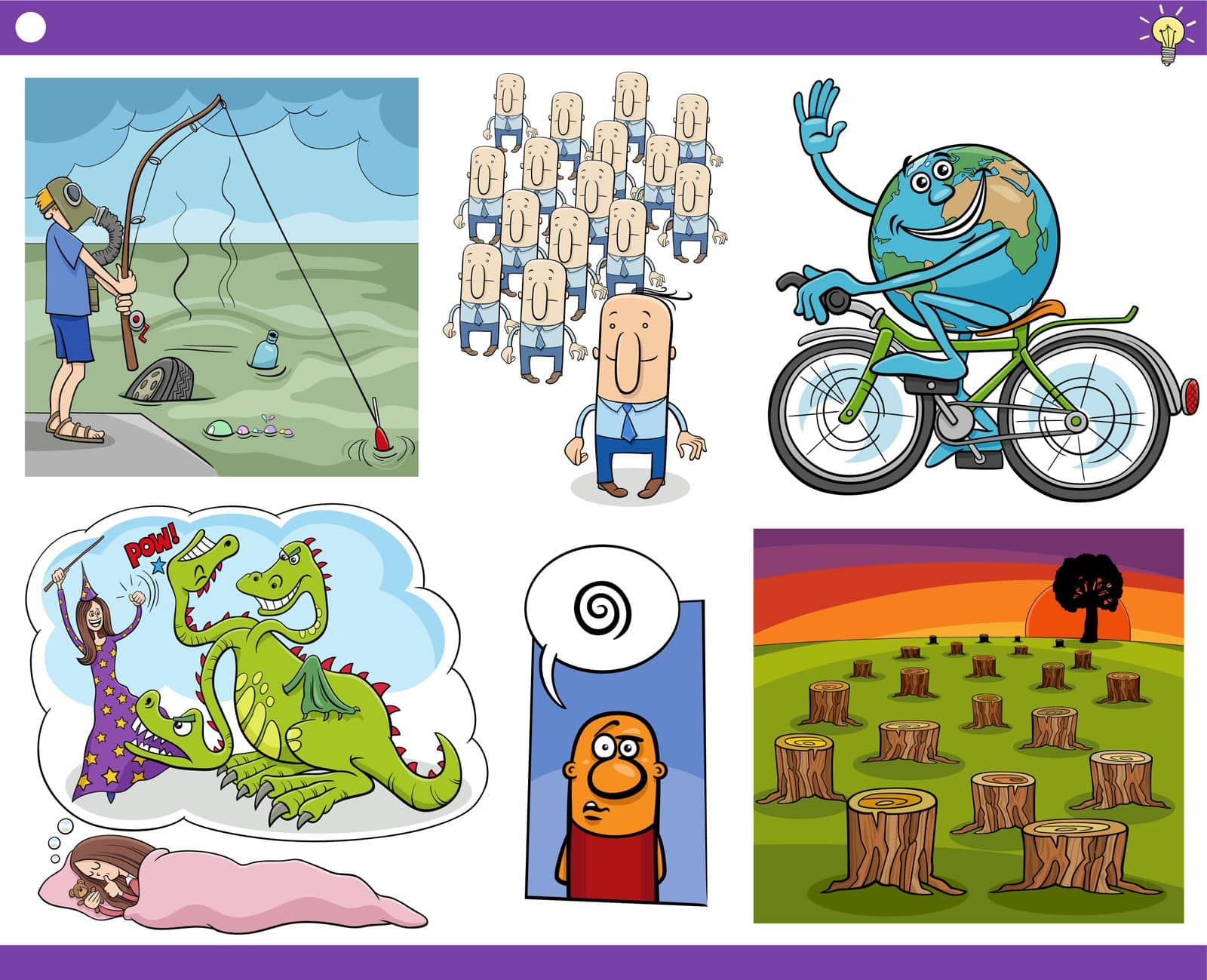 Illustration set of humorous cartoon concepts or metaphors with comic characters