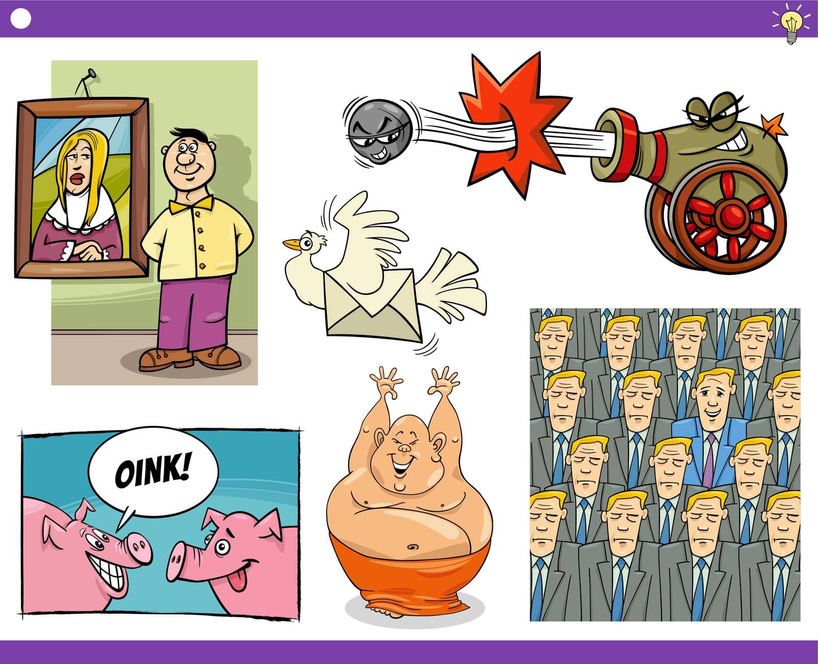 Illustration set of humorous cartoon concepts or metaphors or proverbs with comic characters
