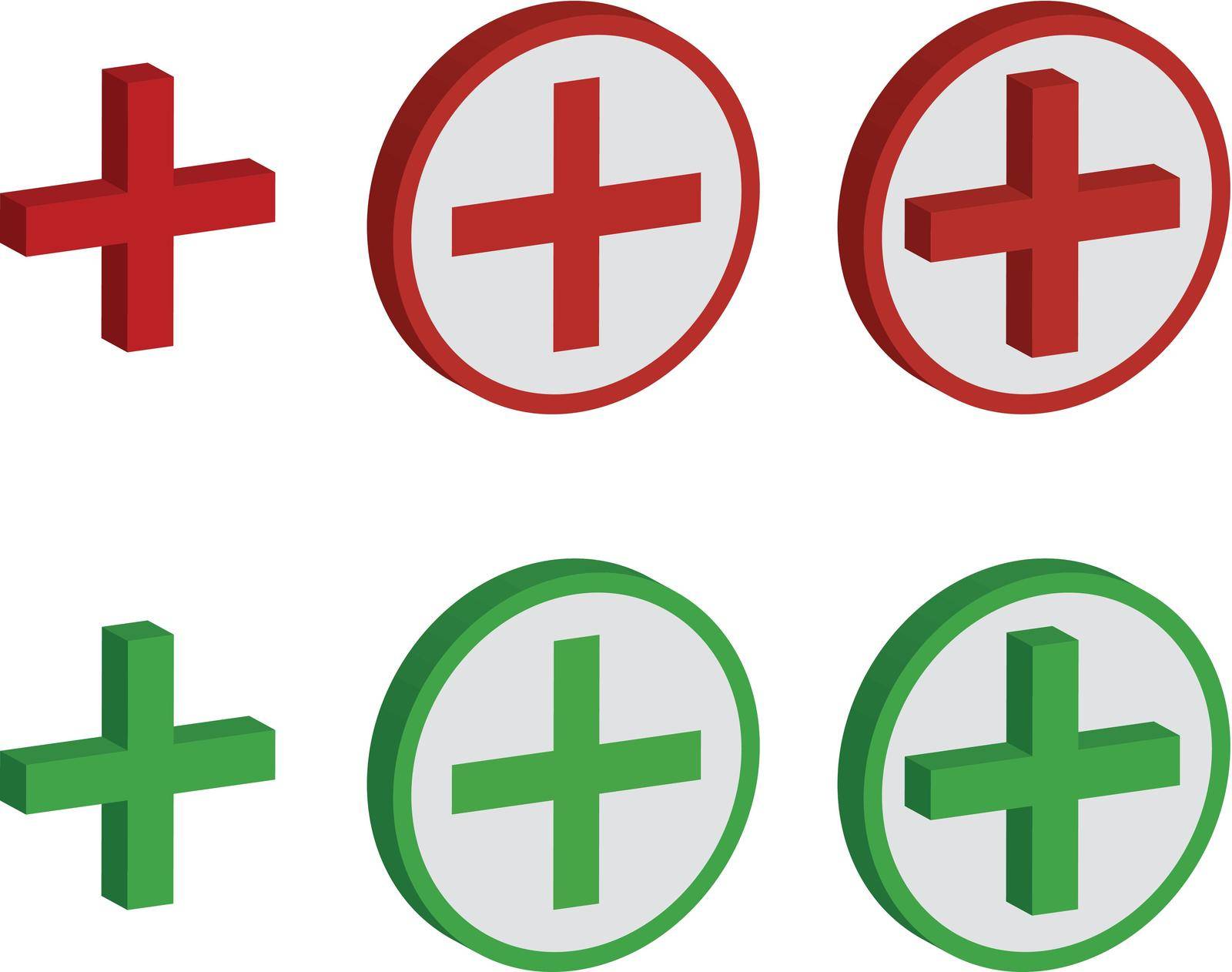 Plus sign set in green and red colors. Three types of signal on white isolated background, three dimensions.