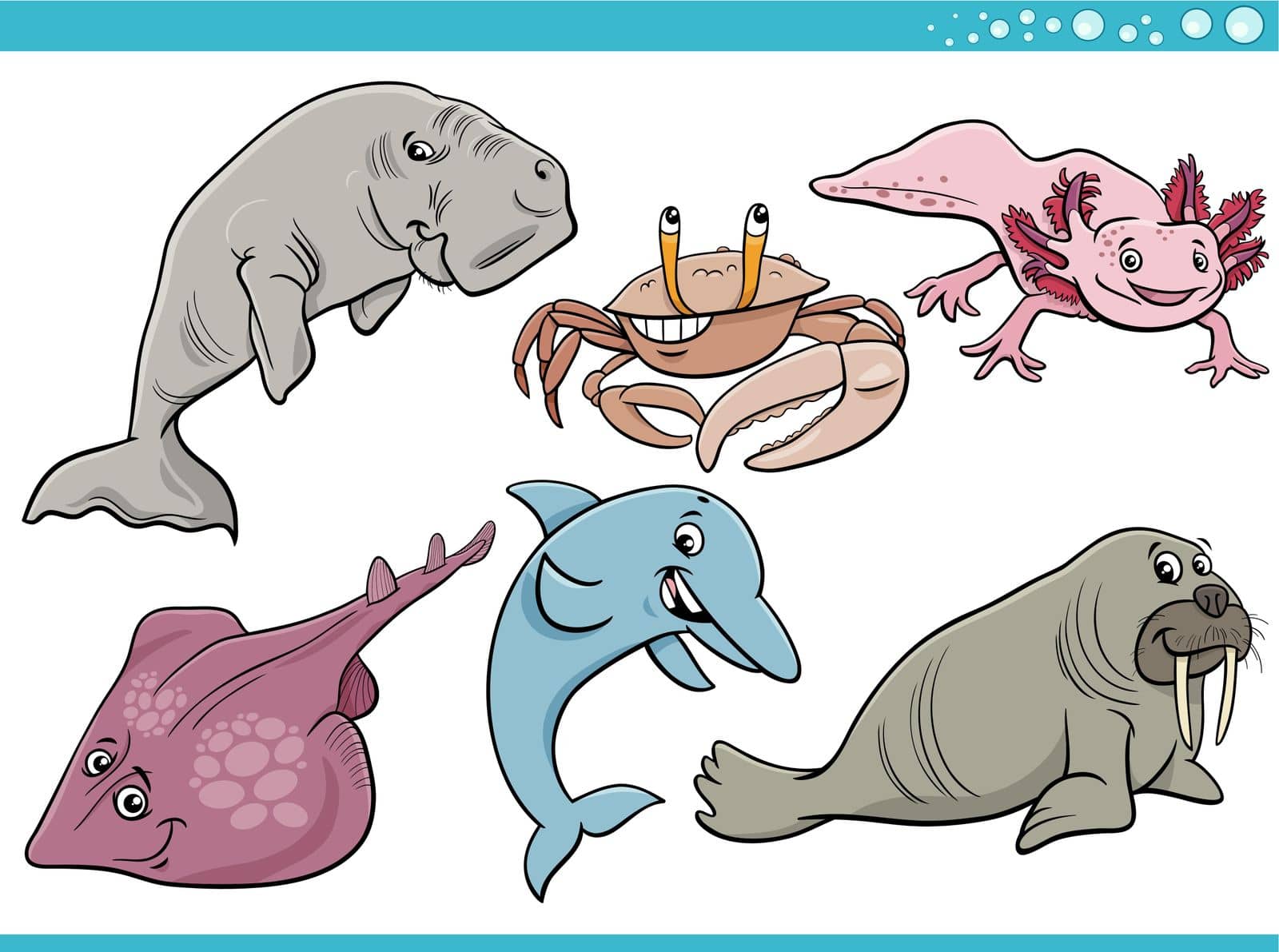 Cartoon Illustration of sea life or marine animal characters set