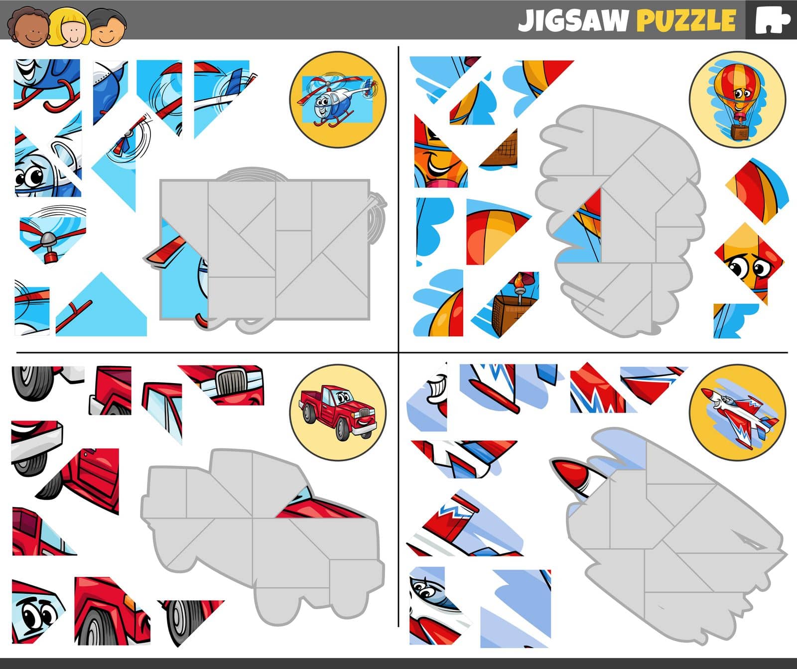 Cartoon illustration of educational jigsaw puzzle games set with transportation characters