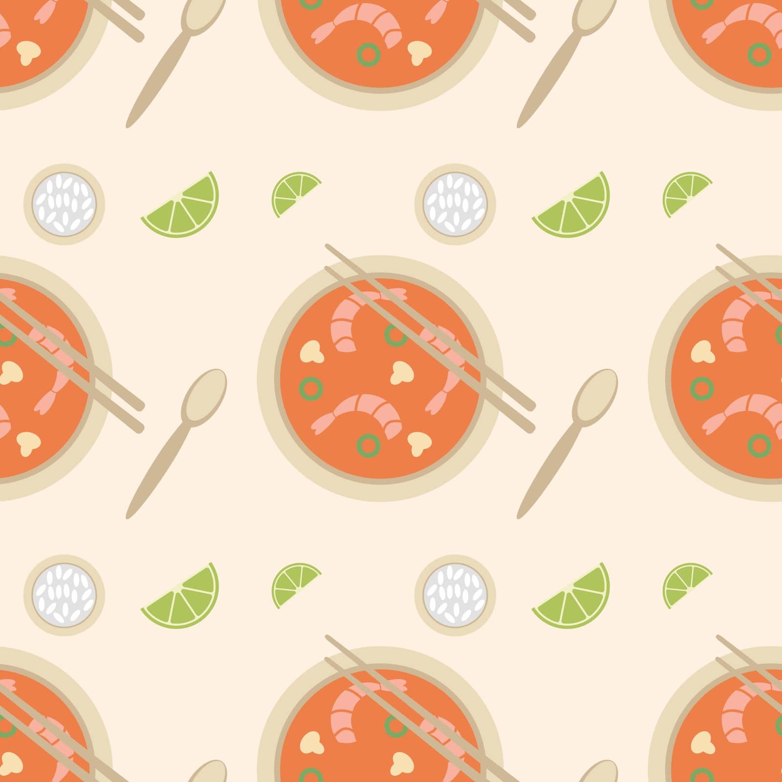 
Soup Tom Yum in a bowl, seamless pattern, vector. Pattern from soup Tom Yum.