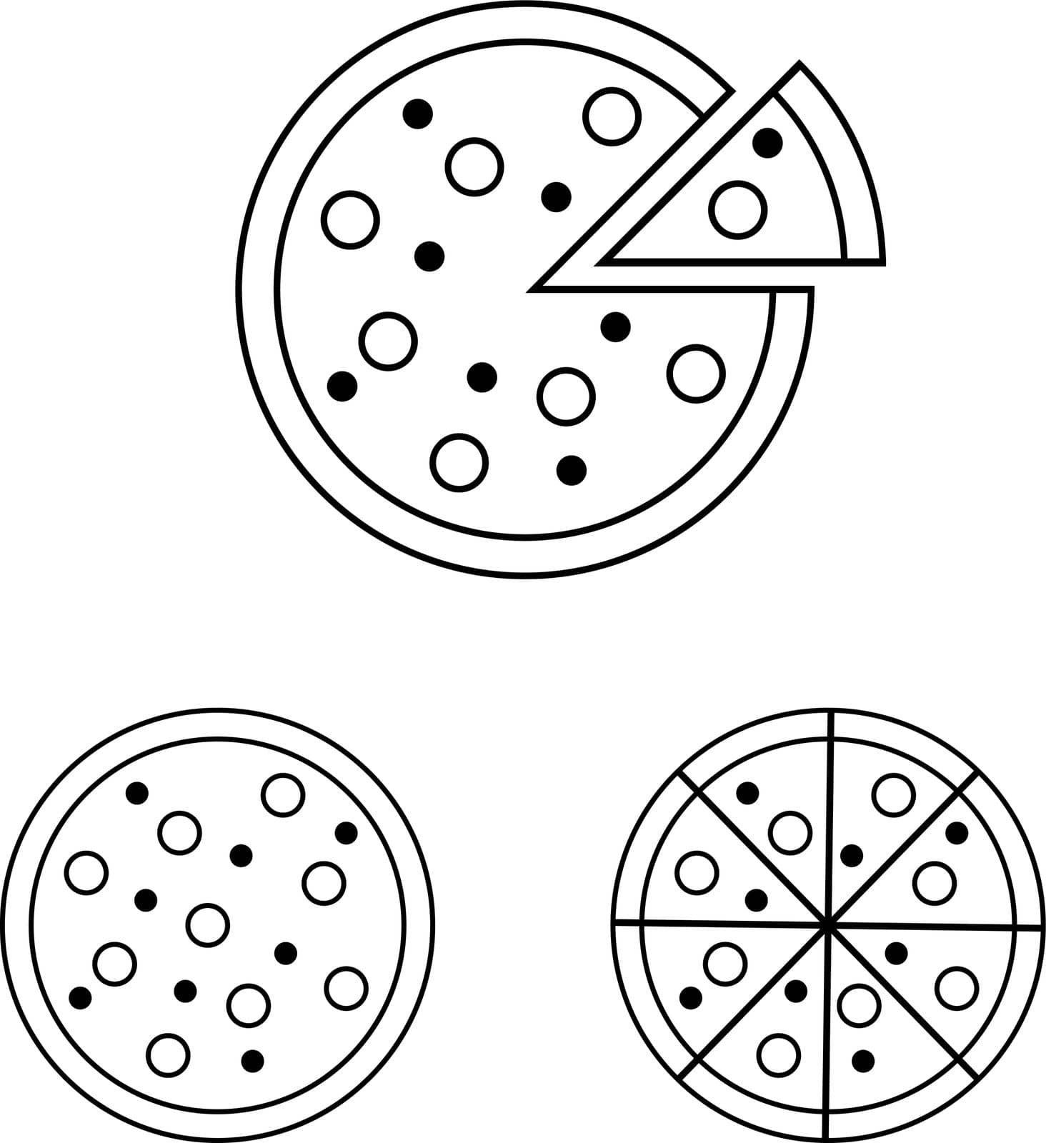 Pizza, vector. Pizza icons, whole pizza and cut pizza.
