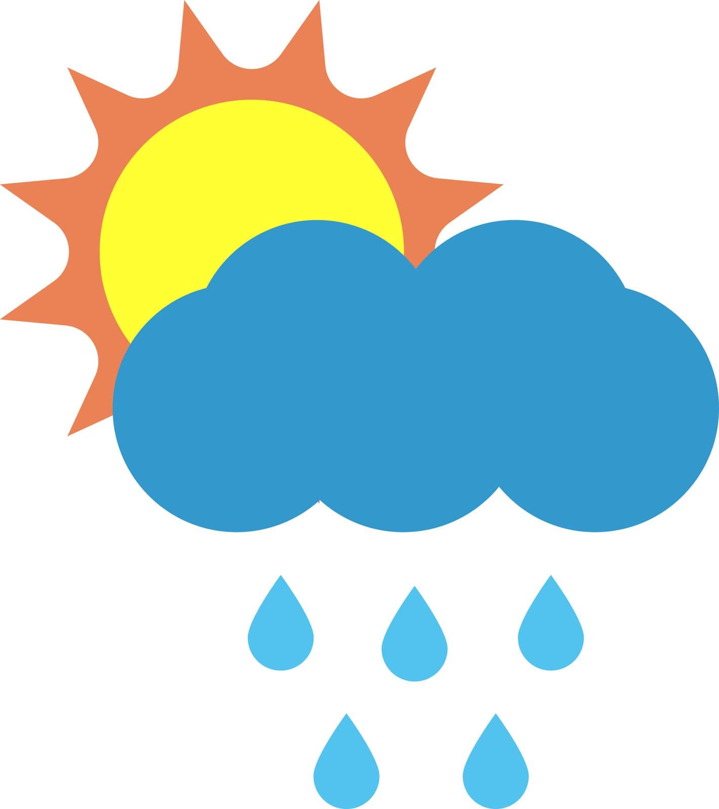 Rain and sun, vector. Blue clouds and raindrops with the sun in the background.