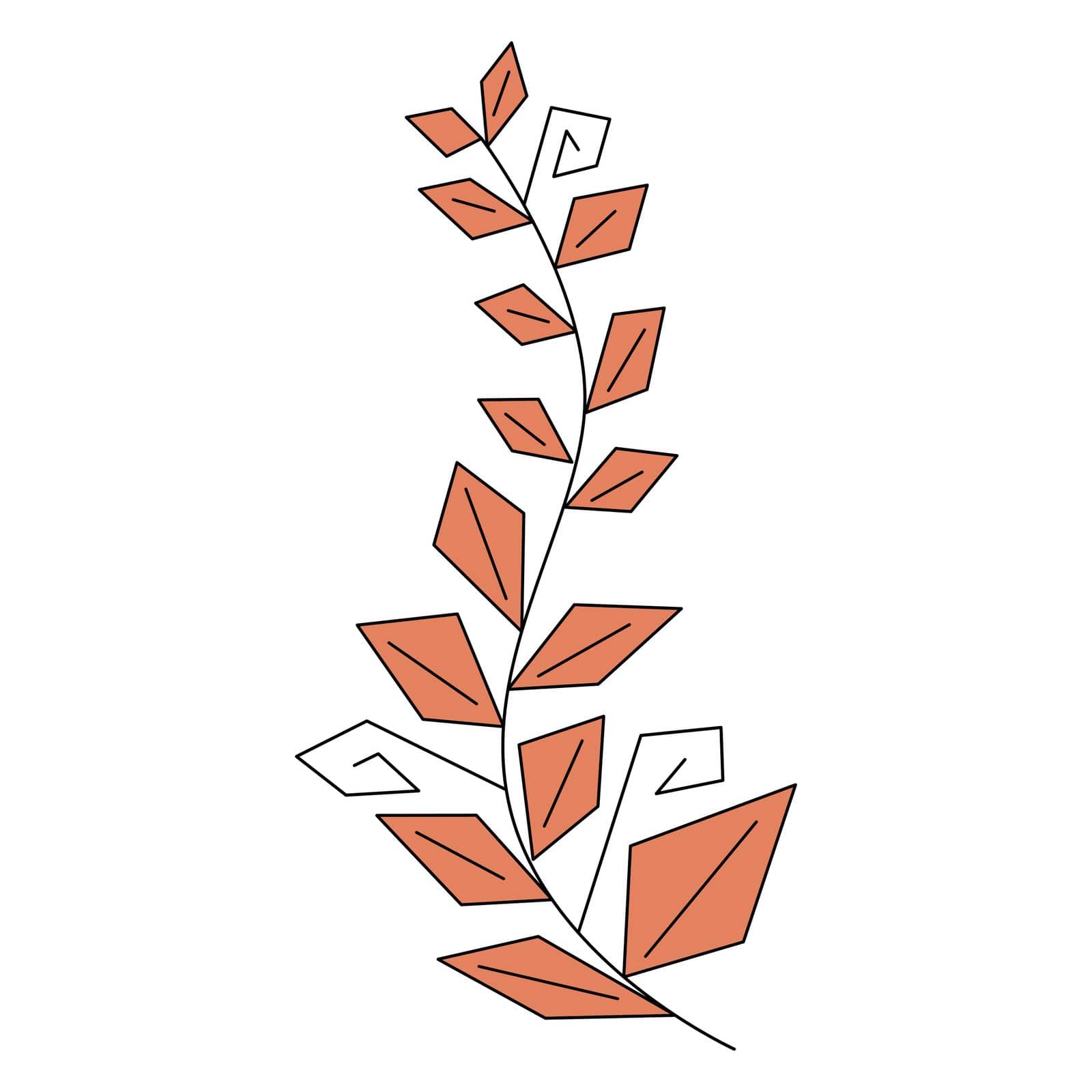 Stylized rhombus leaves, polygonal leaf, linear geometric branch of plant Decorative botanical element Vector illustration isolated on white