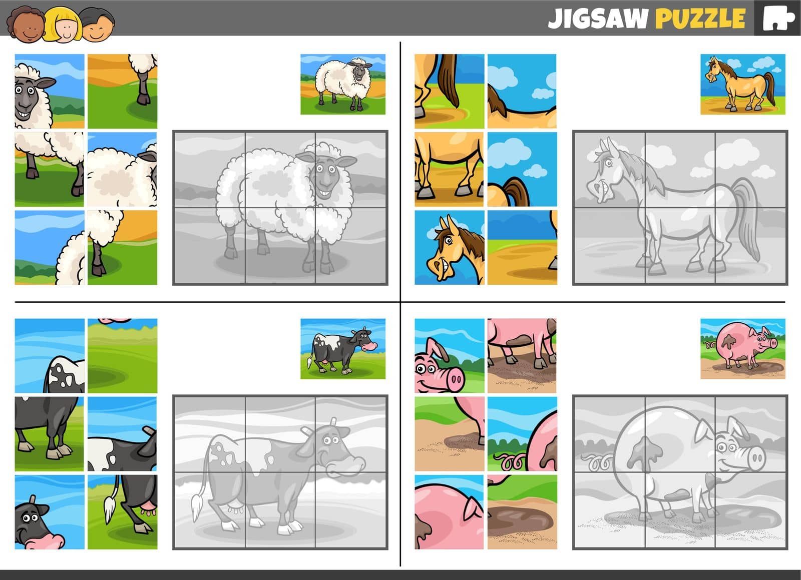 Cartoon illustration of educational jigsaw puzzle games set with funny farm animal characters