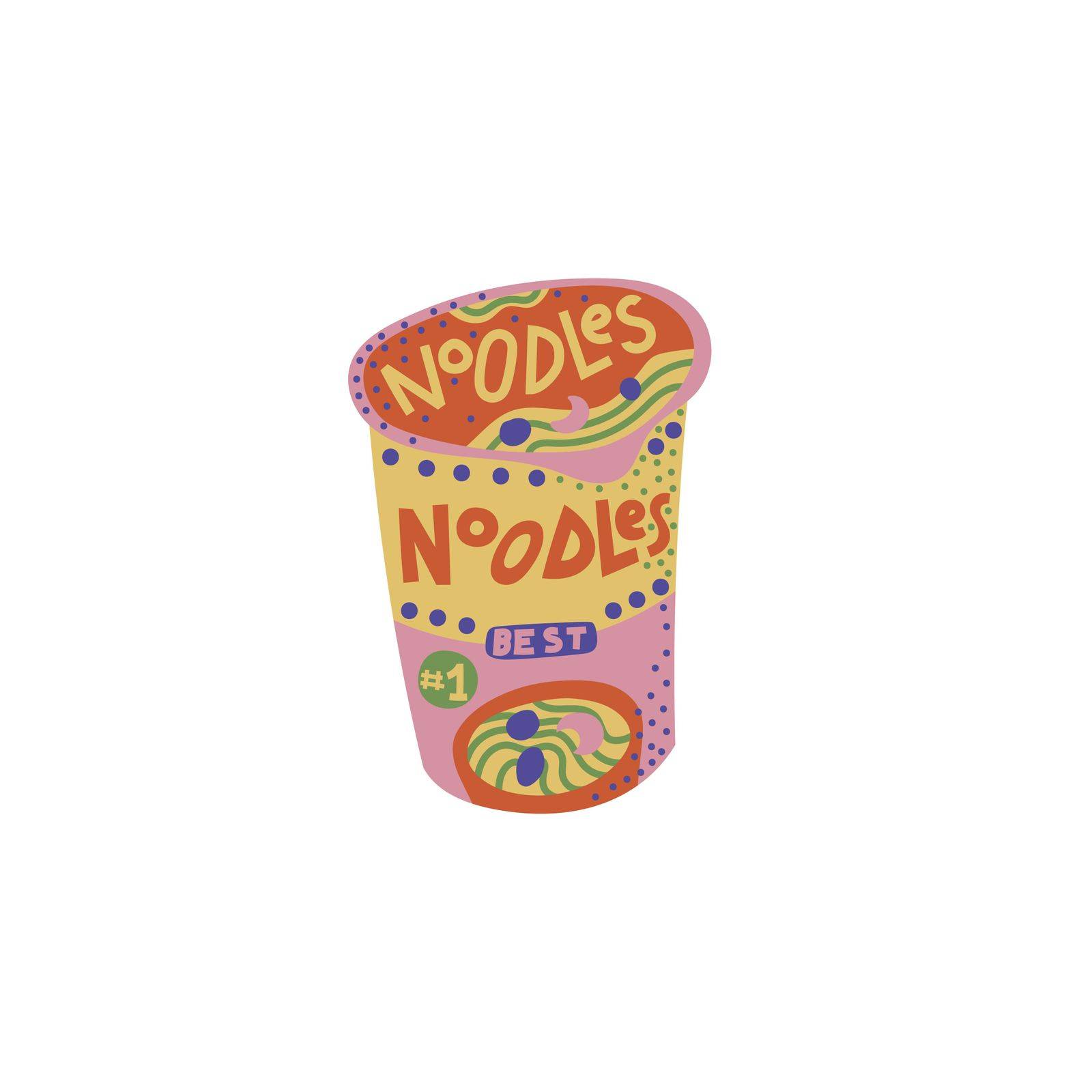 Instant noodles in a cup illustration. Colorful clipart of dry ramen packaging, isolated on white background