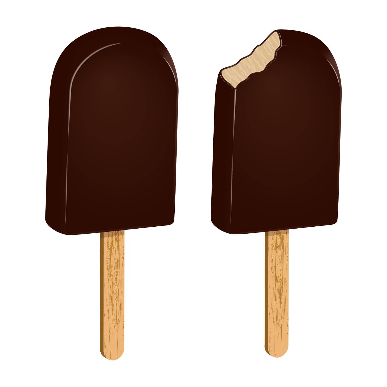 Set of ice cream in chocolate icing on a stick, whole and bitten. Popsicle chocolate ice cream. Frozen product sweet food. Realistic 3D food poster. Vector illustration.