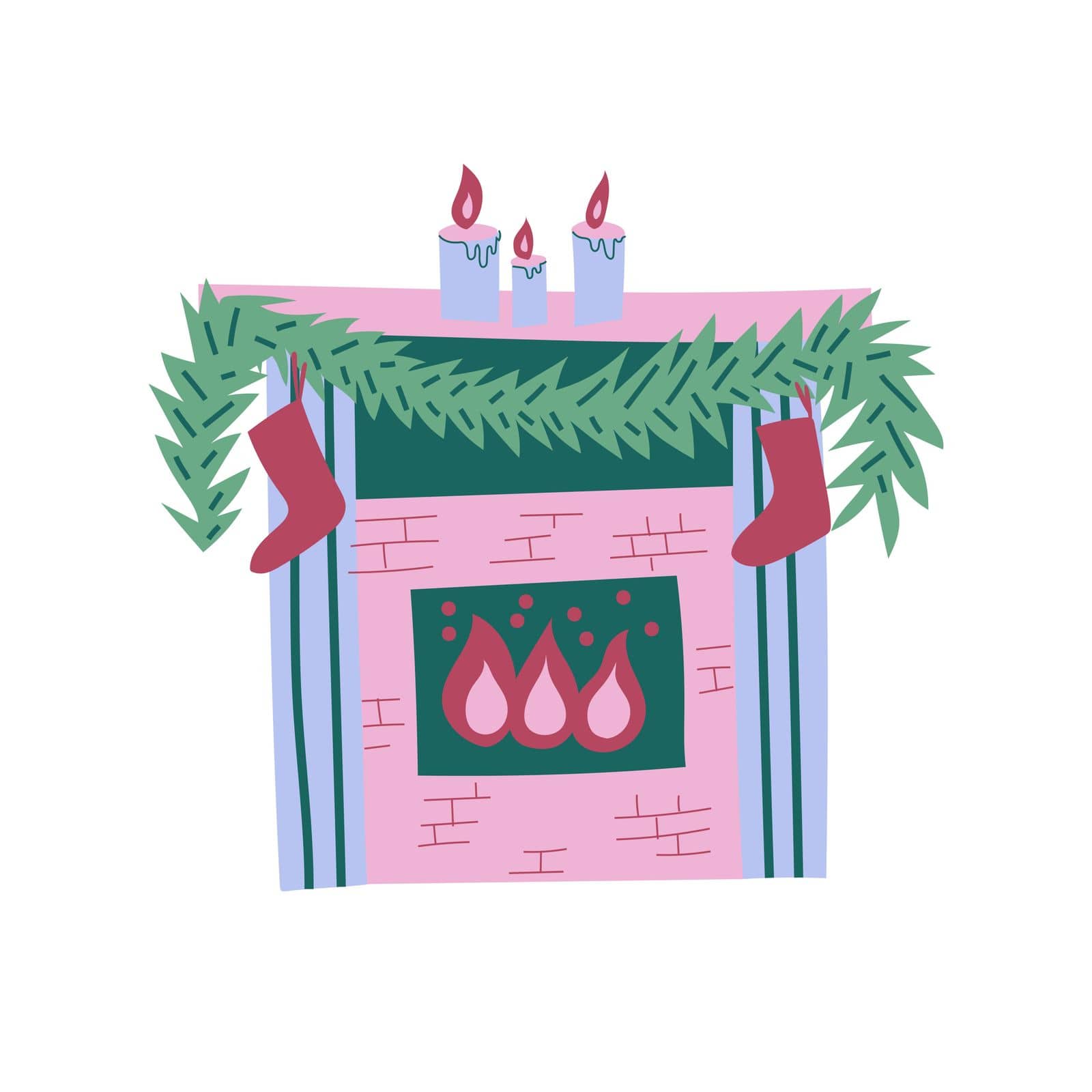 Cozy Christmas fireplace illustration. Holiday home decor with candles, garland and socks. Isolated on white background.