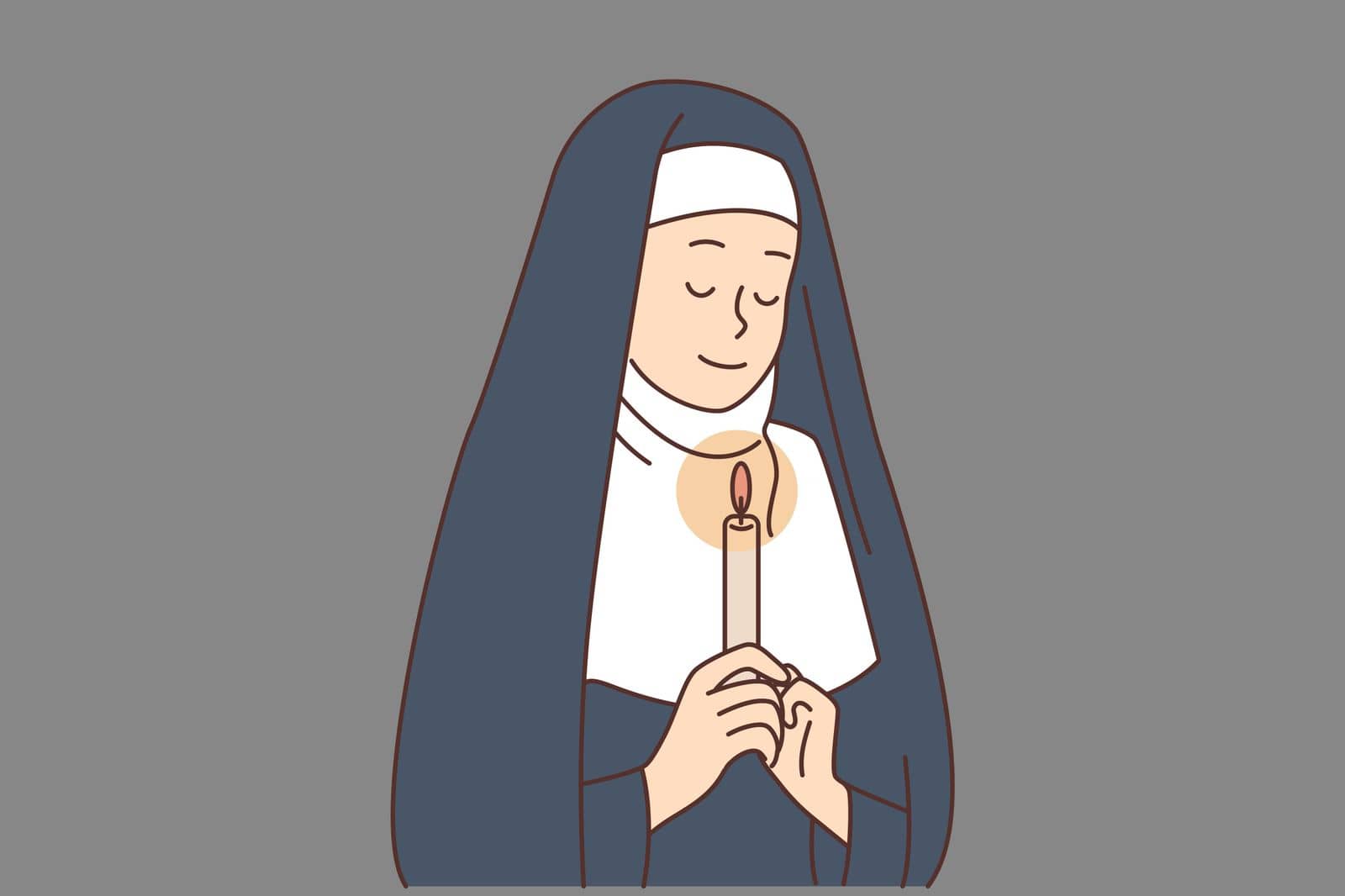 Calm young nun in traditional robe holding candle in hands praying. Religious female sister ask God keep hands in prayer. Faith and religion. Vector illustration.