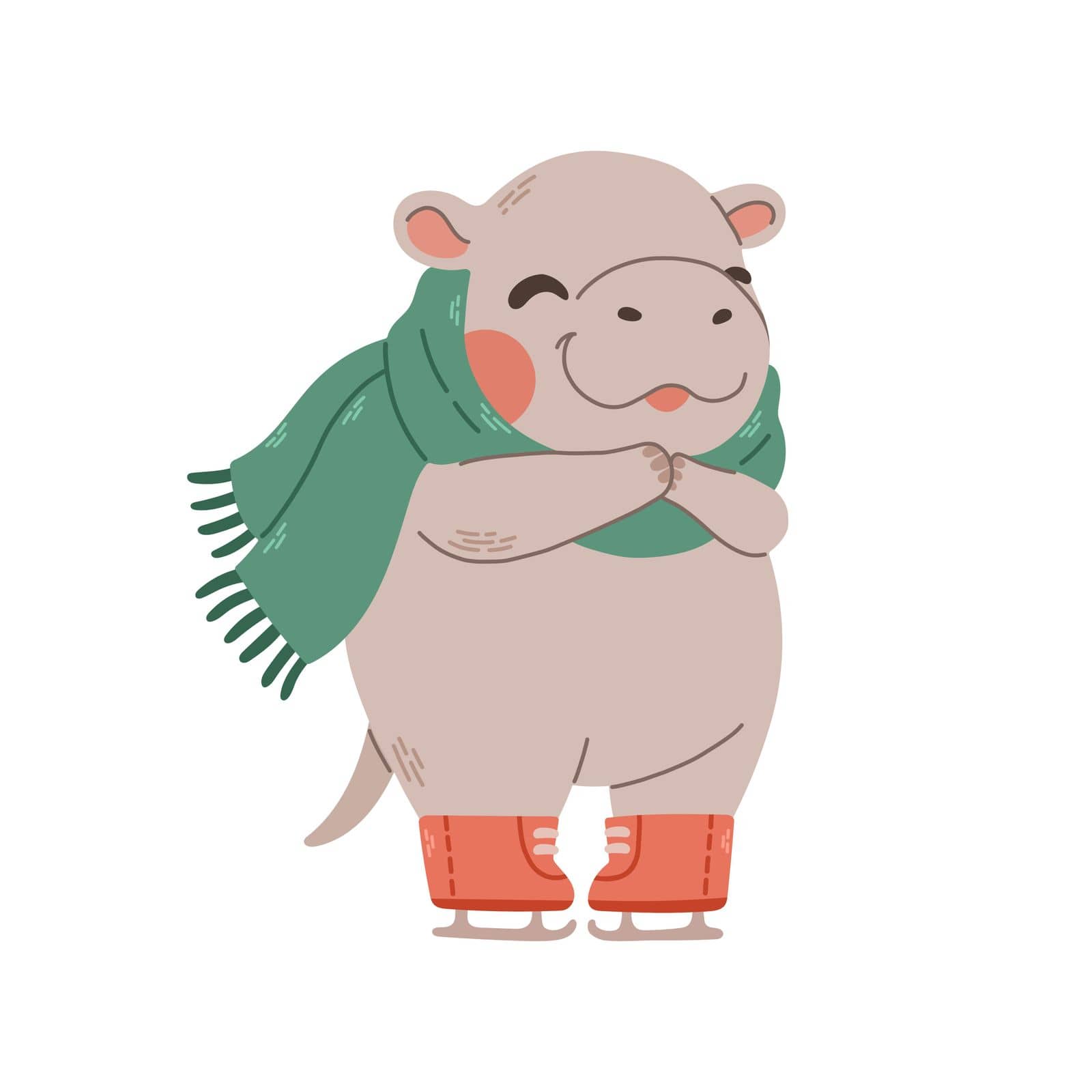 Cute hippo ice skating isolated. Sport and leisure concept illustration. Vector illustration