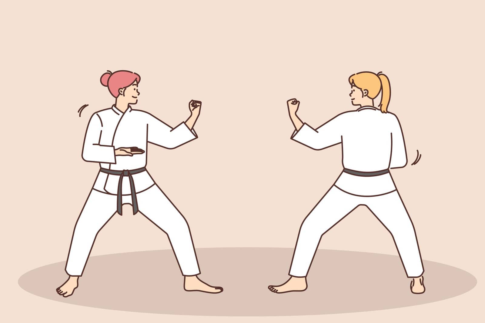 Women in white uniform practice judo fighting. Females engaged in martial arts training. Sport and hobby concept. Vector illustration.