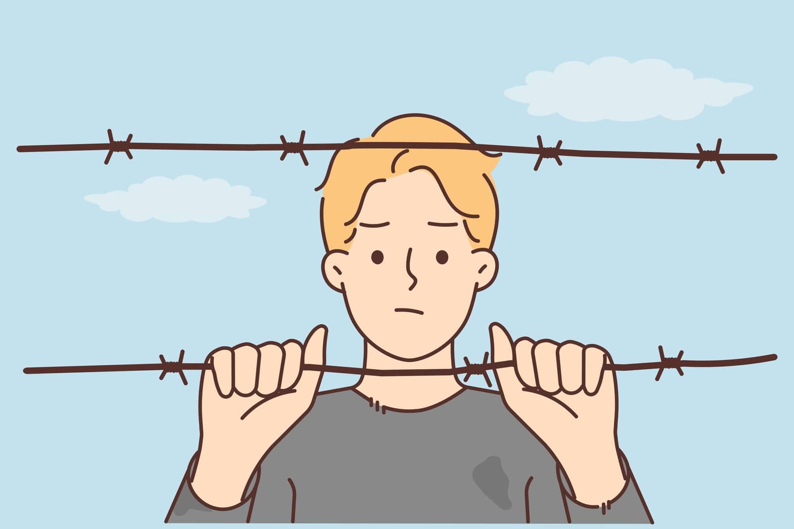 Unhappy young man behind wires in imprisonment. Upset male thief or criminal in prison dream of freedom. Crime and punishment. Vector illustration.