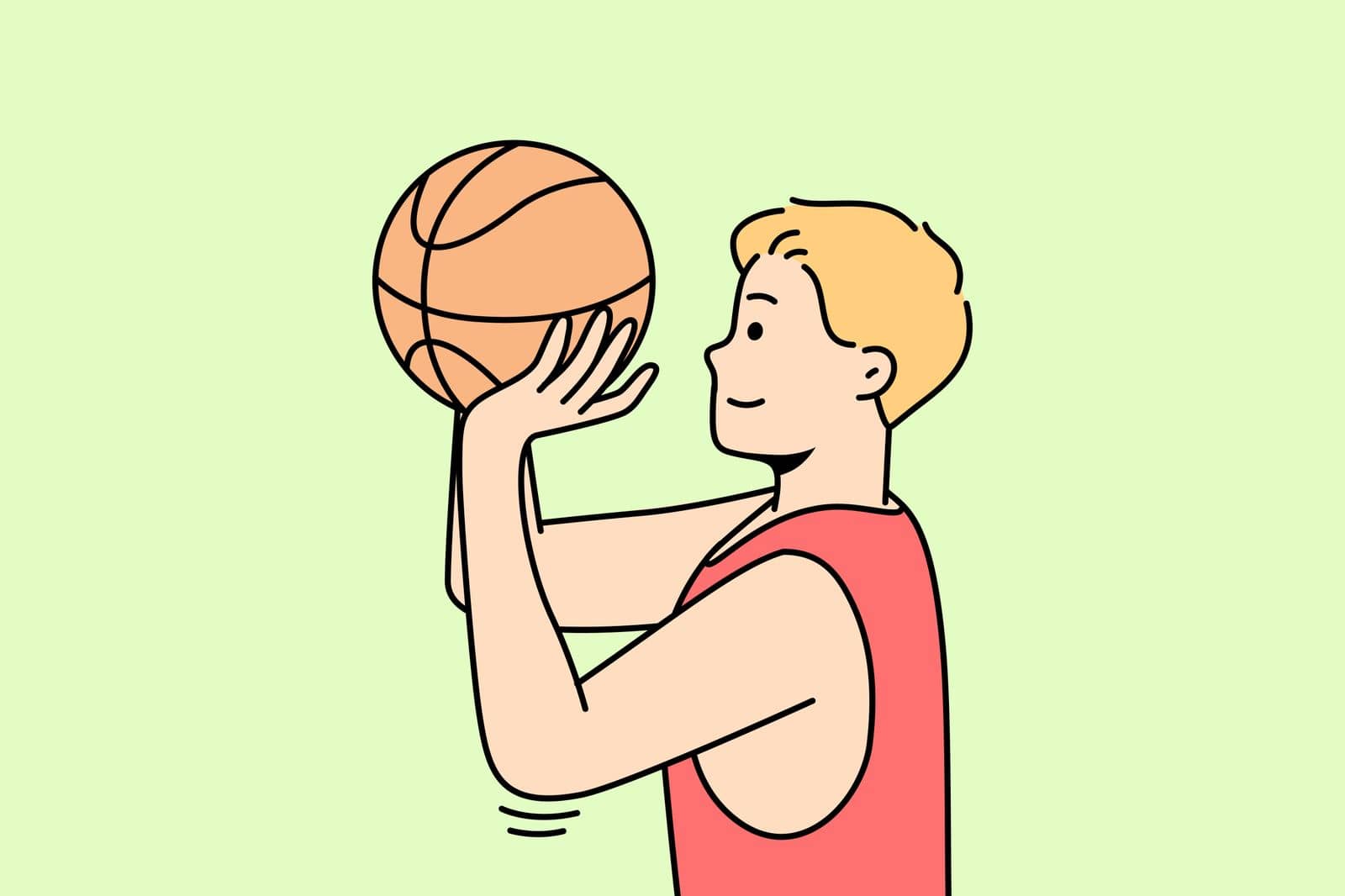 Boy throws ball into hoop or through net. Guy playing basketball or volleyball on court. Basketballer, hoopster, player trying to hit into rim. Sportsman practices drills. Young man training.