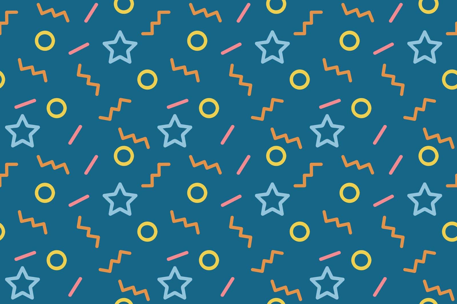 Abstract modern seamless pattern. Memphis style background with various shapes zigzag, star, circle. Kids fabric, textile, wallpaper, wrapping design. Vector illustration