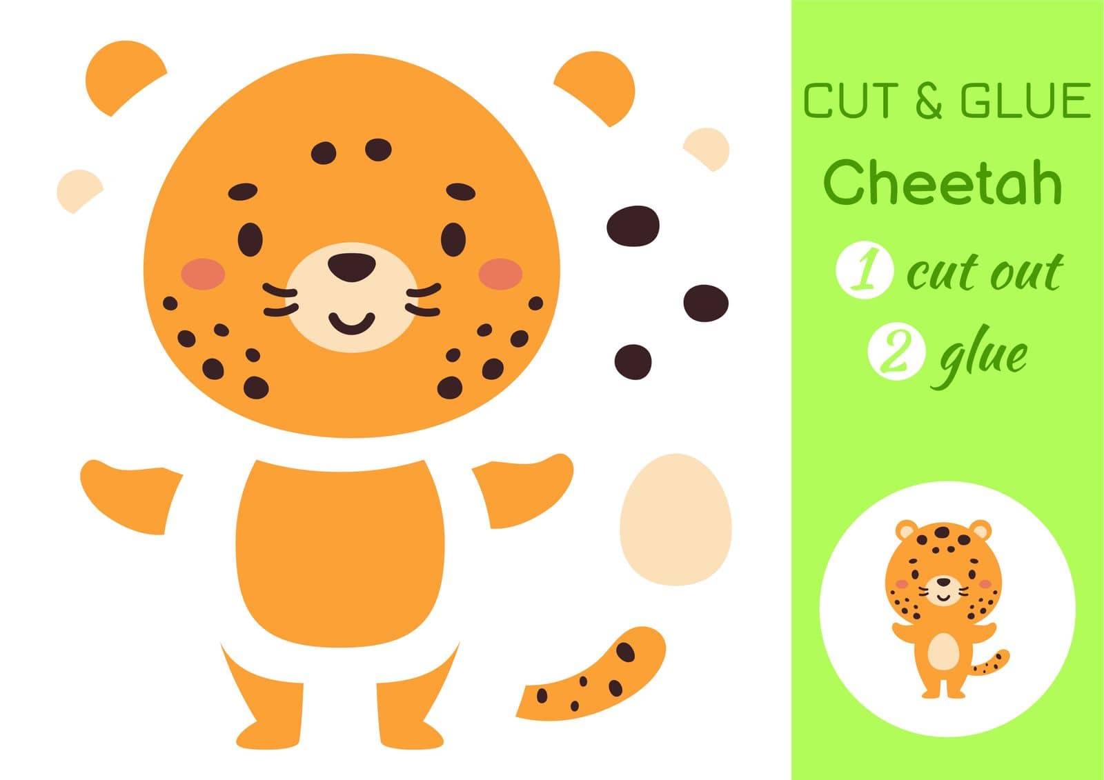 Cut and glue paper little cheetah. Kids crafts activity page. Educational game for preschool children. DIY worksheet. Kids art game and activities jigsaw. Vector stock illustration