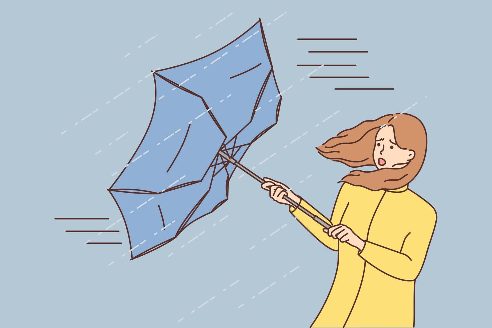 Scared young woman with umbrella in rain outdoors. Unhappy terrified female in thunderstorm and rainy weather on street. Vector illustration.