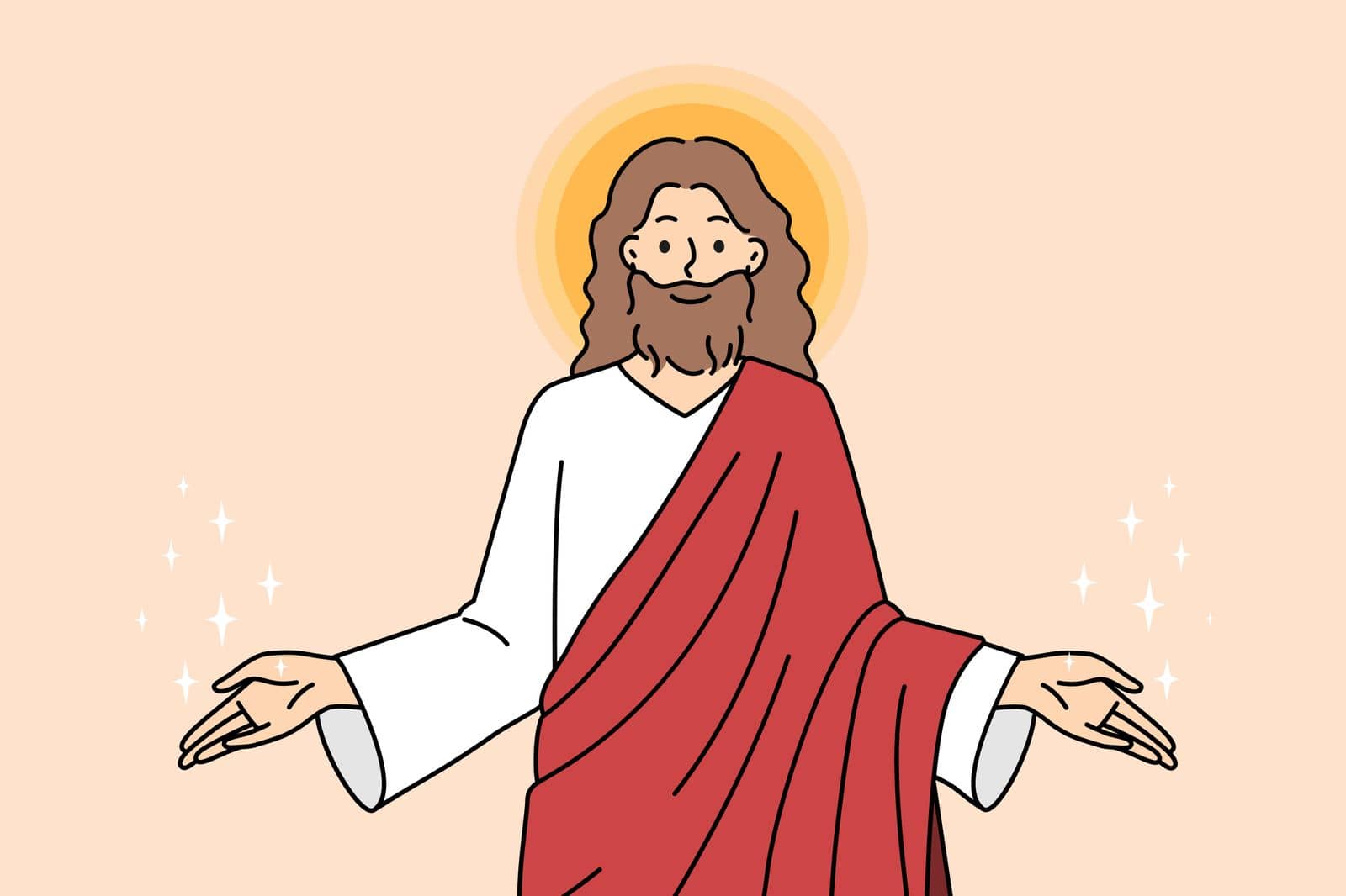 Jesus Christ stretch hands welcome believers. God send share love and protection to people. Religion and faith. Vector illustration.