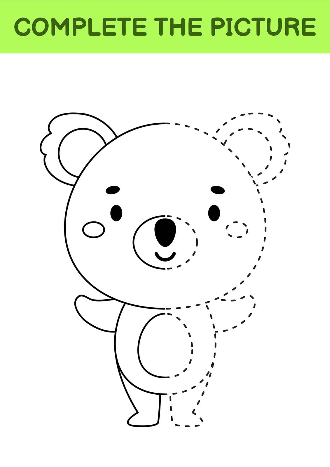 Complete drawn picture of cute koala. Coloring book. Dot copy game. Handwriting practice, drawing skills training. Education developing printable worksheet. Activity page. Vector illustration
