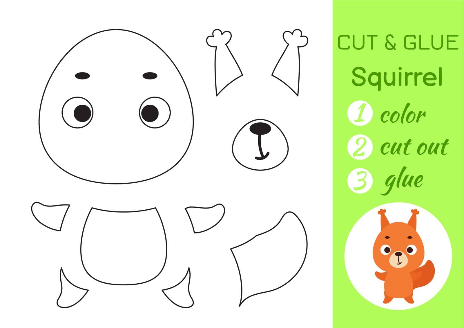 Color, cut and glue paper little squirrel. Cut and paste crafts activity page. Educational game for preschool children. DIY worksheet. Kids logic game, puzzle. Vector stock illustration