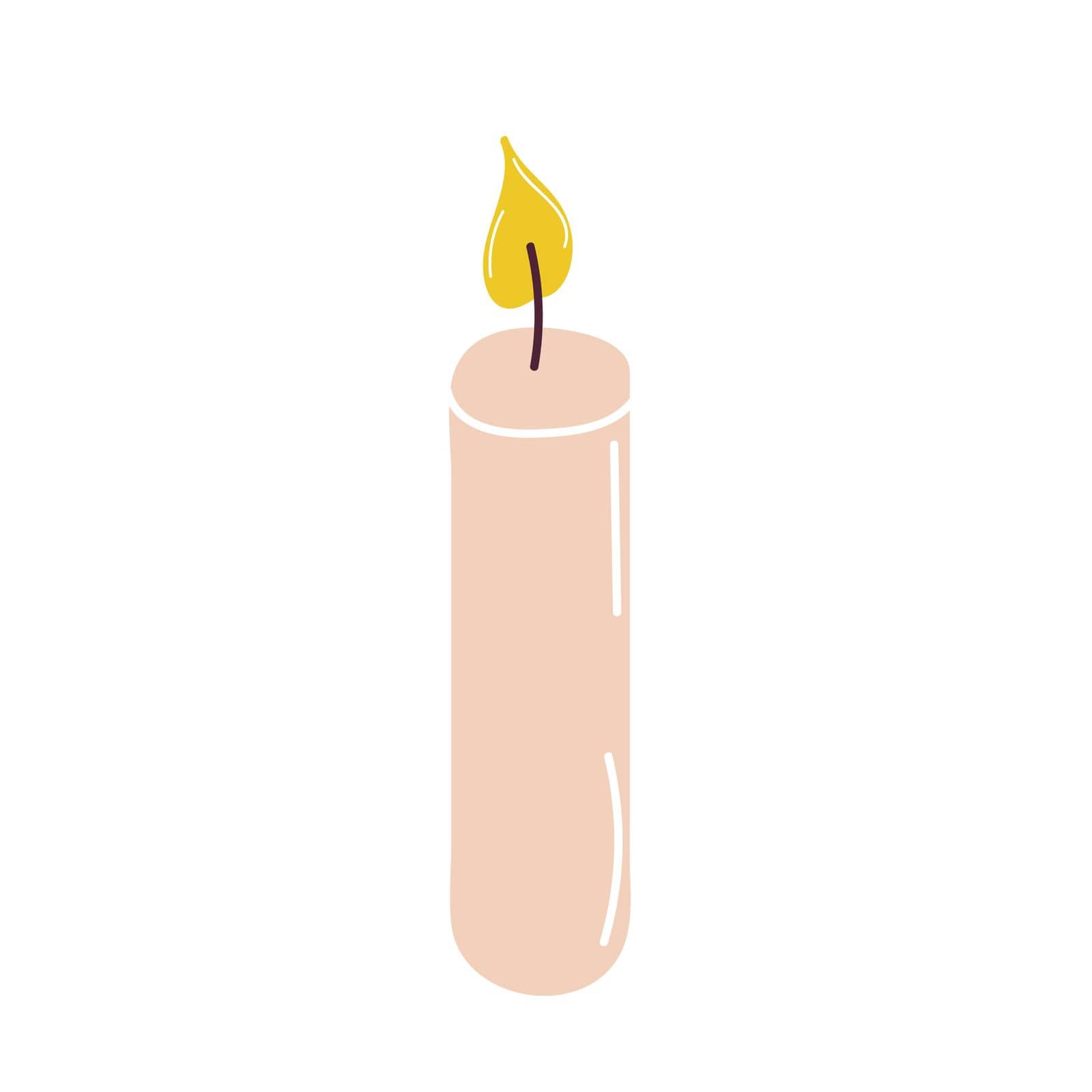 Burning candle for aromatherapy and interior decoration, isolated on a light background. Element for the design. Flat cartoon vector illustration