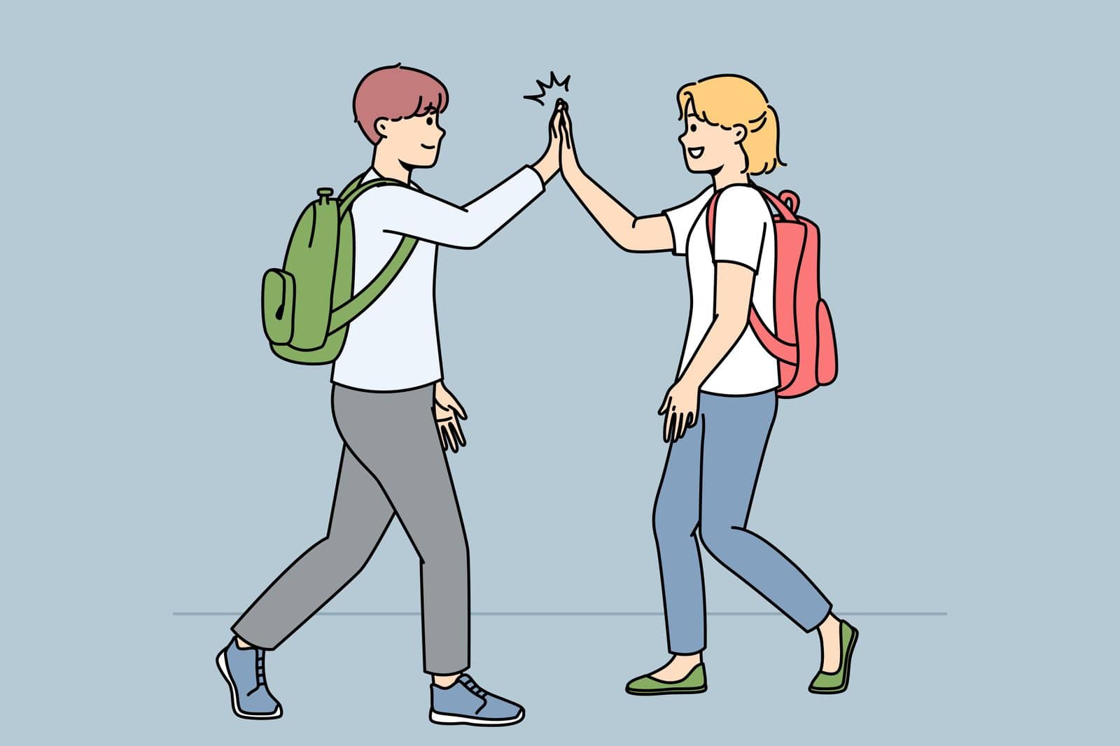 Smiling schoolchildren walking outdoors give high five. Happy friends greeting using non-verbal communication. Vector illustration.