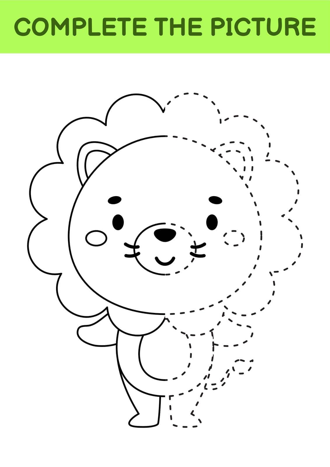 Complete drawn picture of cute lion. Coloring book. Dot copy game. Handwriting practice, drawing skills training. Education developing printable worksheet. Activity page. Vector illustration