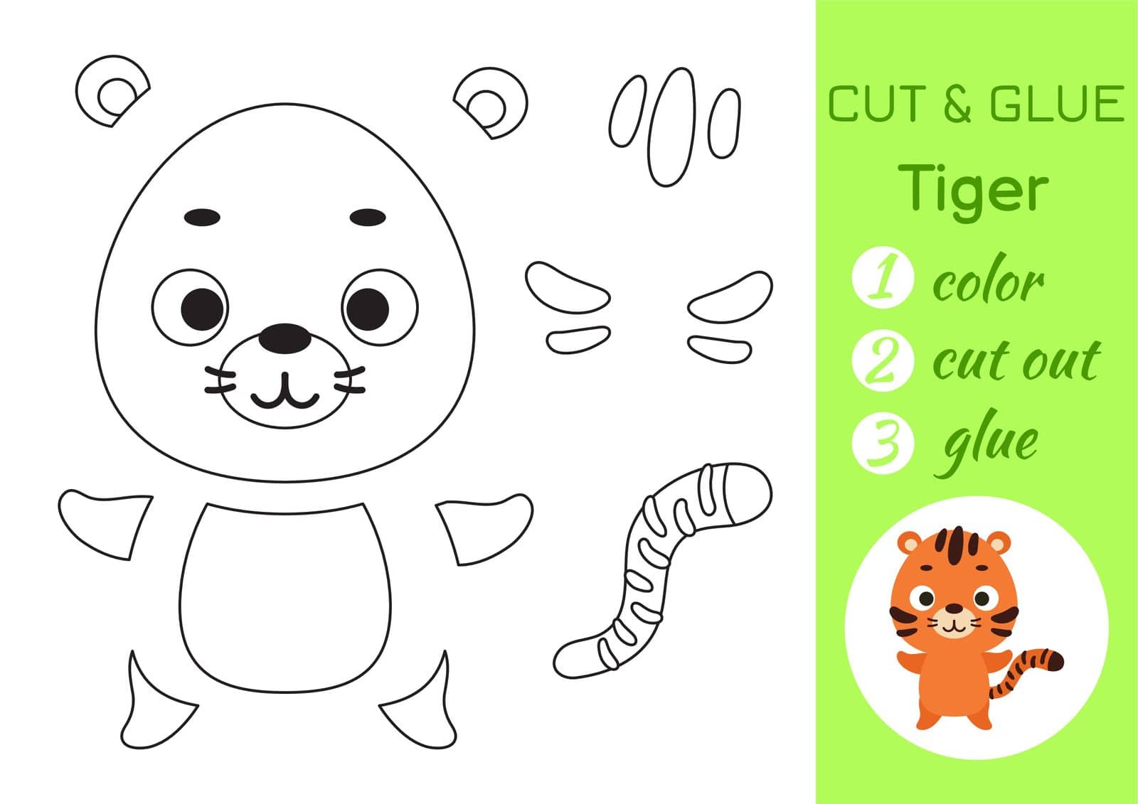 Color, cut and glue paper little tiger. Cut and paste crafts activity page. Educational game for preschool children. DIY worksheet. Kids logic game, puzzle. Vector stock illustration