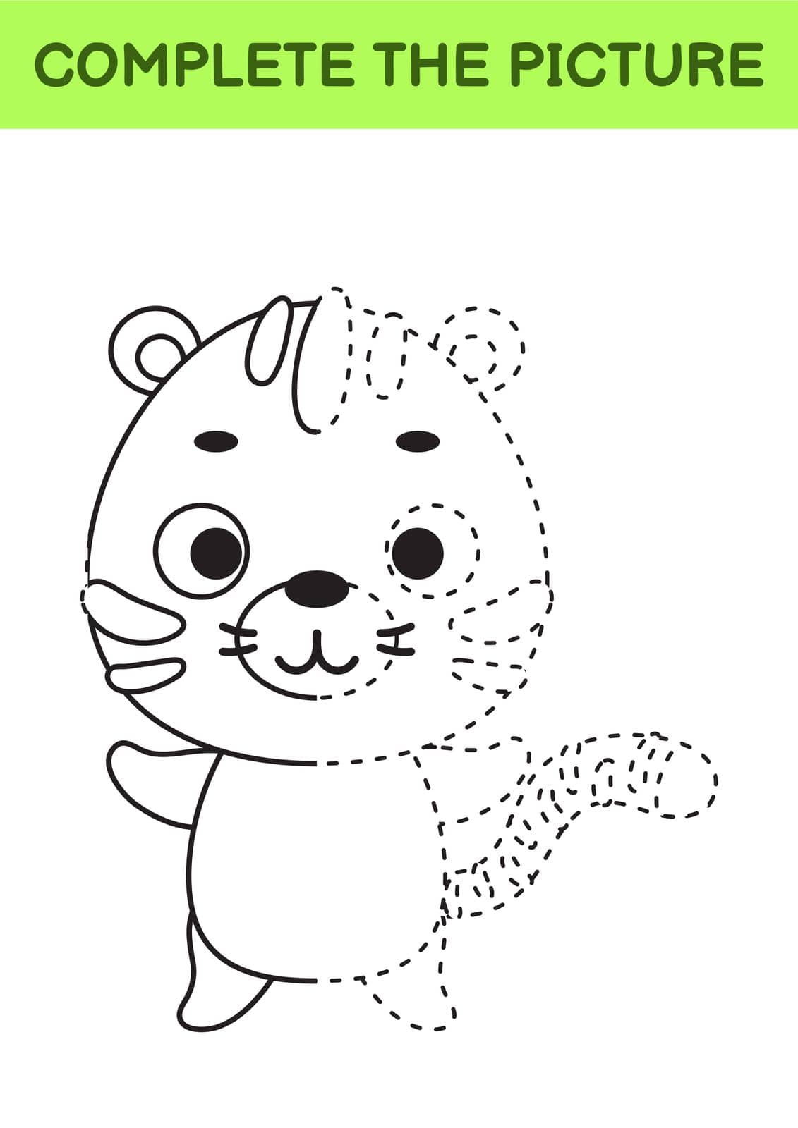 Complete drawn picture of cute tiger. Coloring book. Dot copy game. Handwriting practice, drawing skills training. Education developing printable worksheet. Activity page. Vector illustration