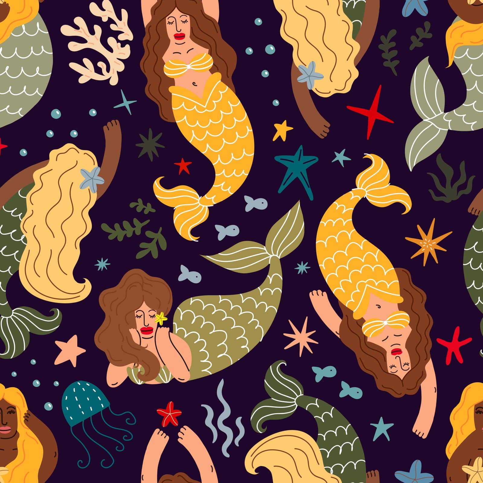 Seamless pattern with mermaids and marine life by Dustick