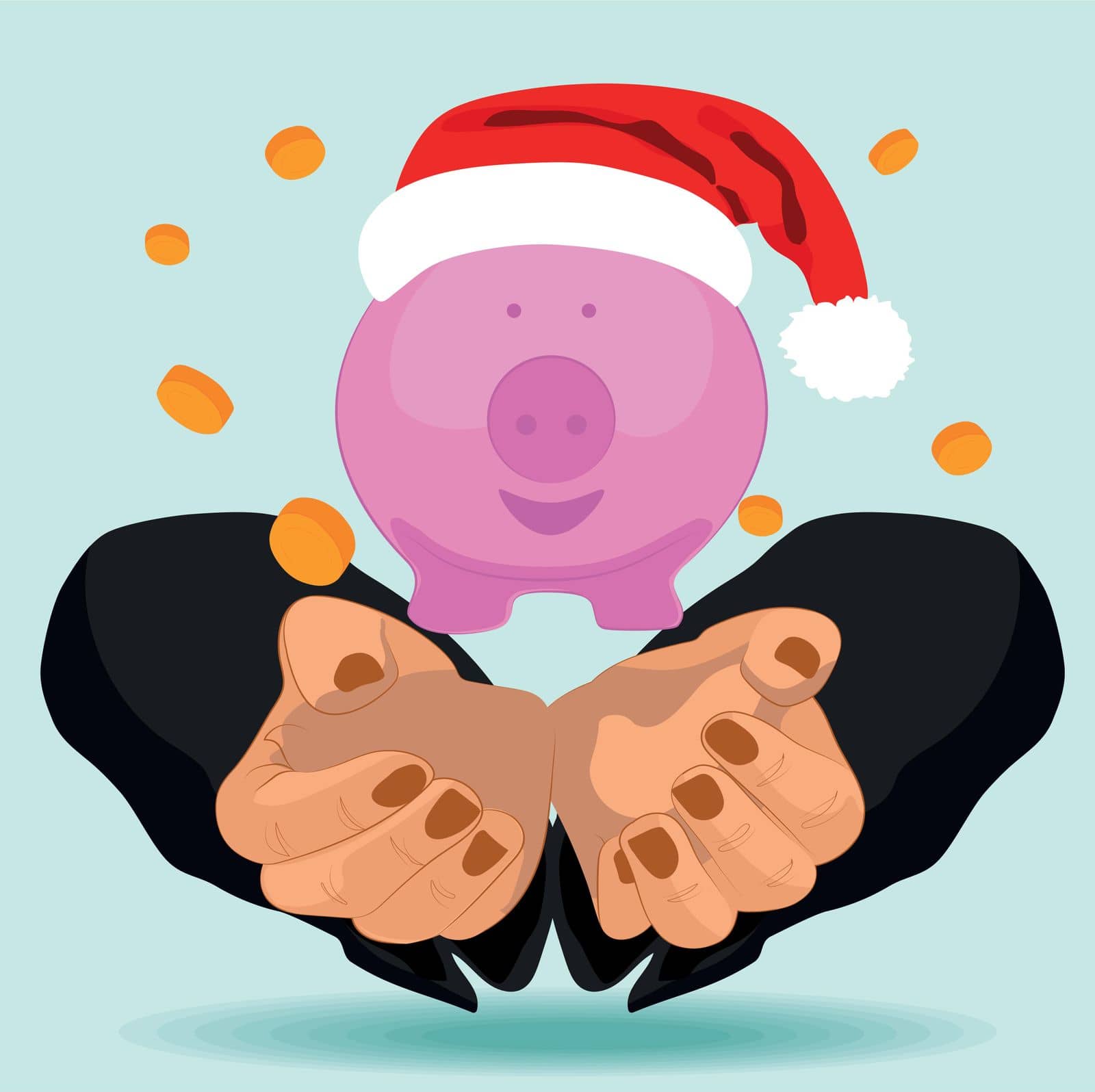 New Year is coming. Flat drawing of male hand putting coin into a piggy-bank to manage finances save money spend earnings with economy plan family budget. Vector illustration