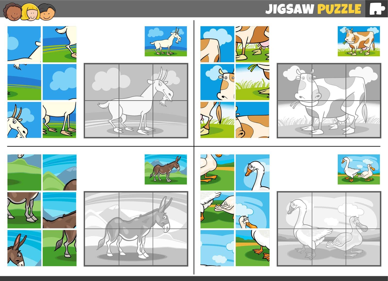 jigsaw puzzle game set with farm animal characters by izakowski