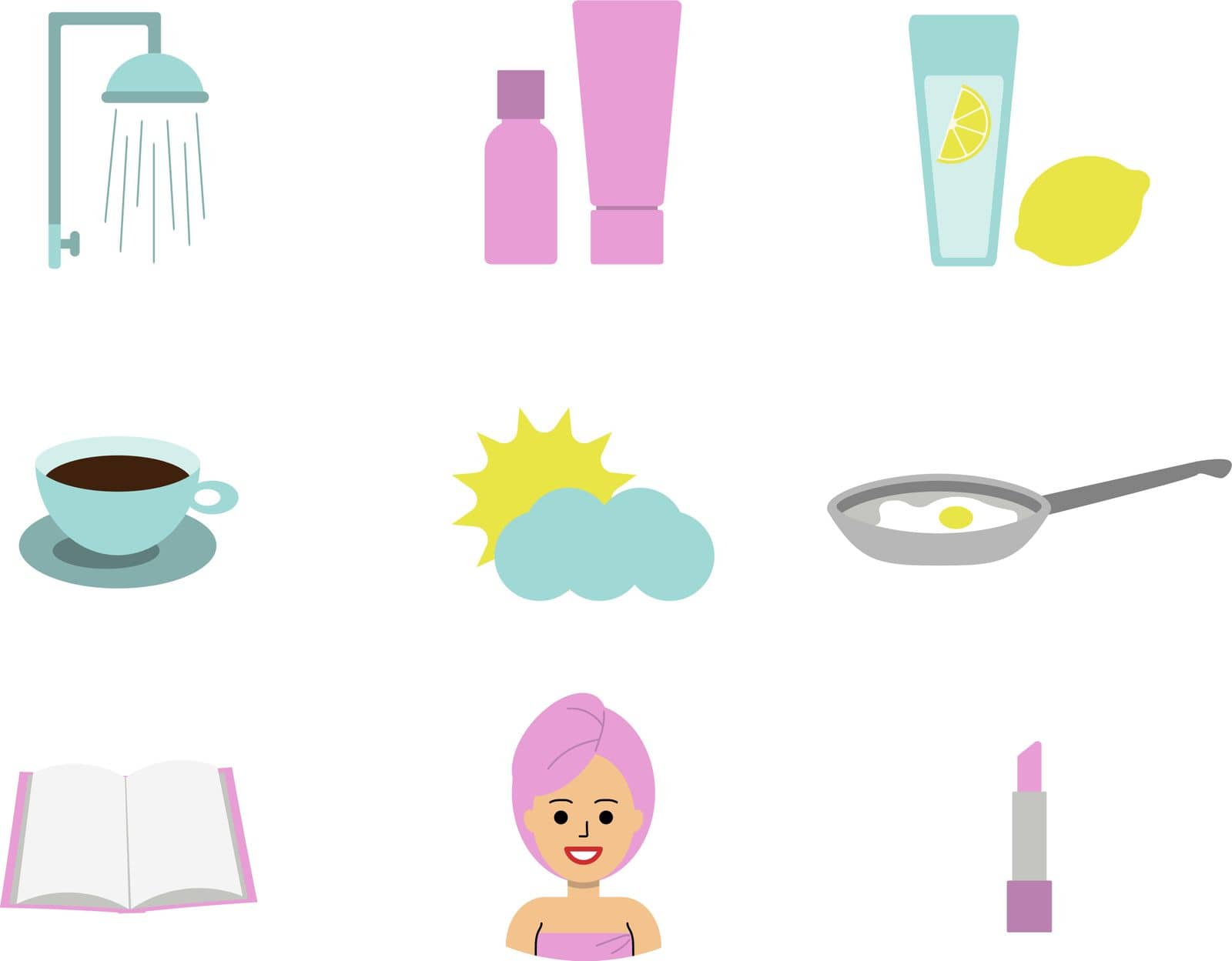 Morning routine, vector set. Morning habits. Shower, cosmetics, lemon water, coffee and breakfast, sun, book, girl with a towel on her head.